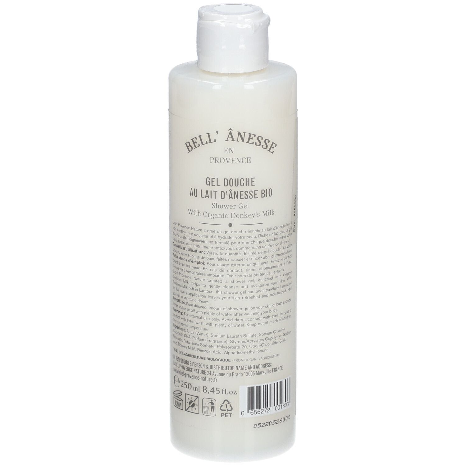 Fles met witte dop. Achterkant met tekst en barcode. Productnaam: Bio Ezelmelk Douchegel. Volume: 250ml.