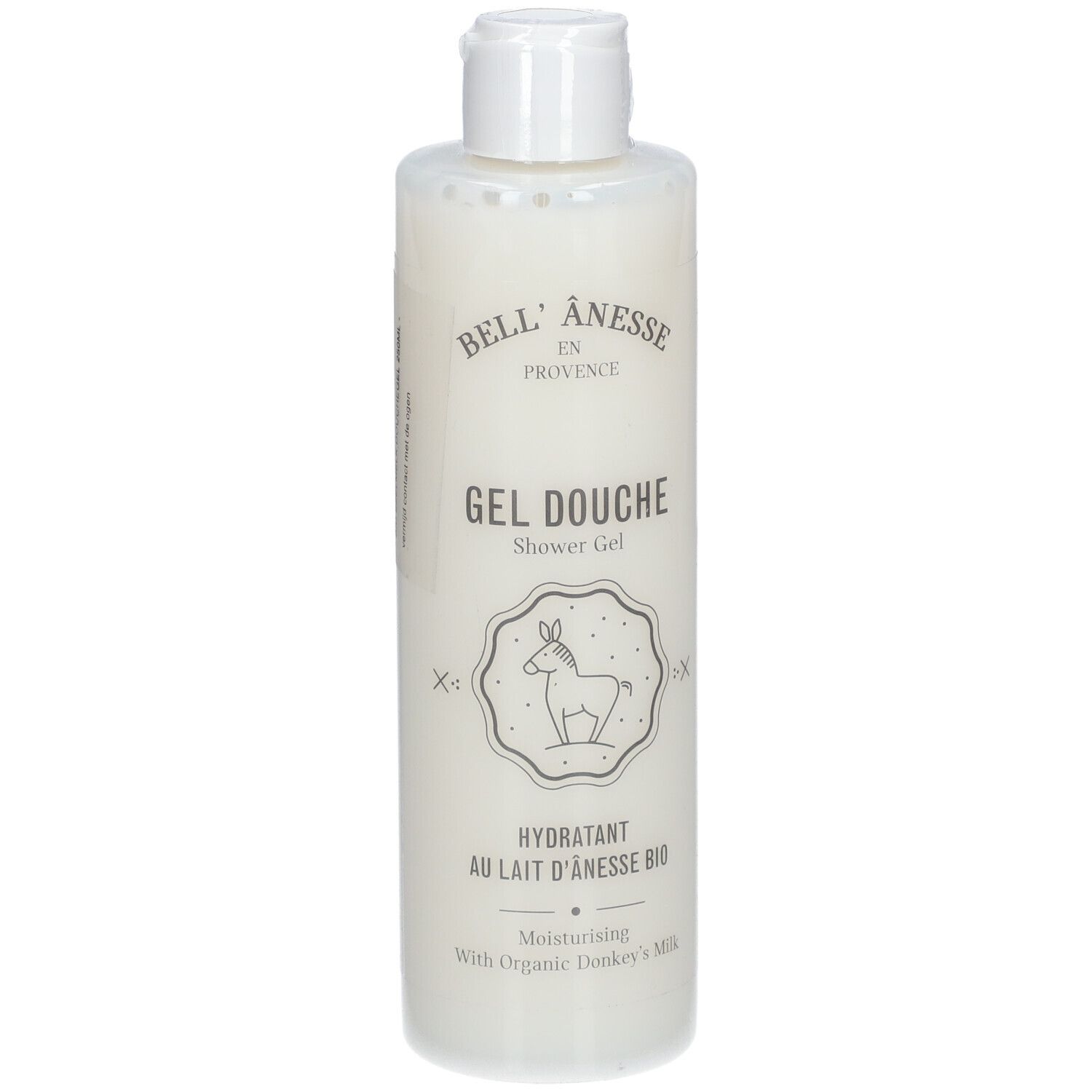 Witte fles met witte dop. Opschrift: Bell'Ânesse, Gel Douche, Hydratant au lait d'ânesse bio. Illustratie van een ezel.