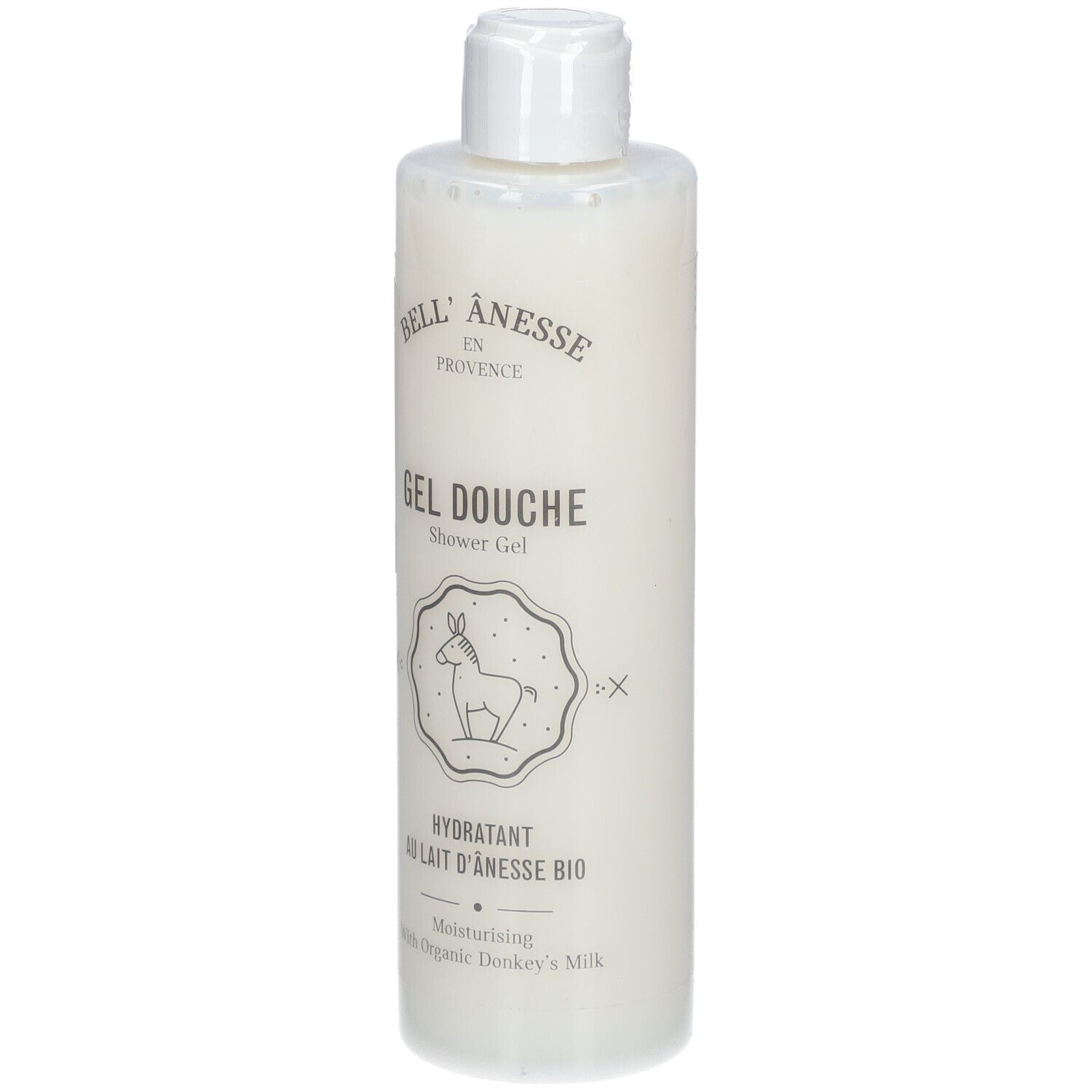 Witte fles met witte dop. Opschrift: Bell'Ânesse, Gel Douche, Hydratant au lait d'ânesse bio. Illustratie van een ezel.