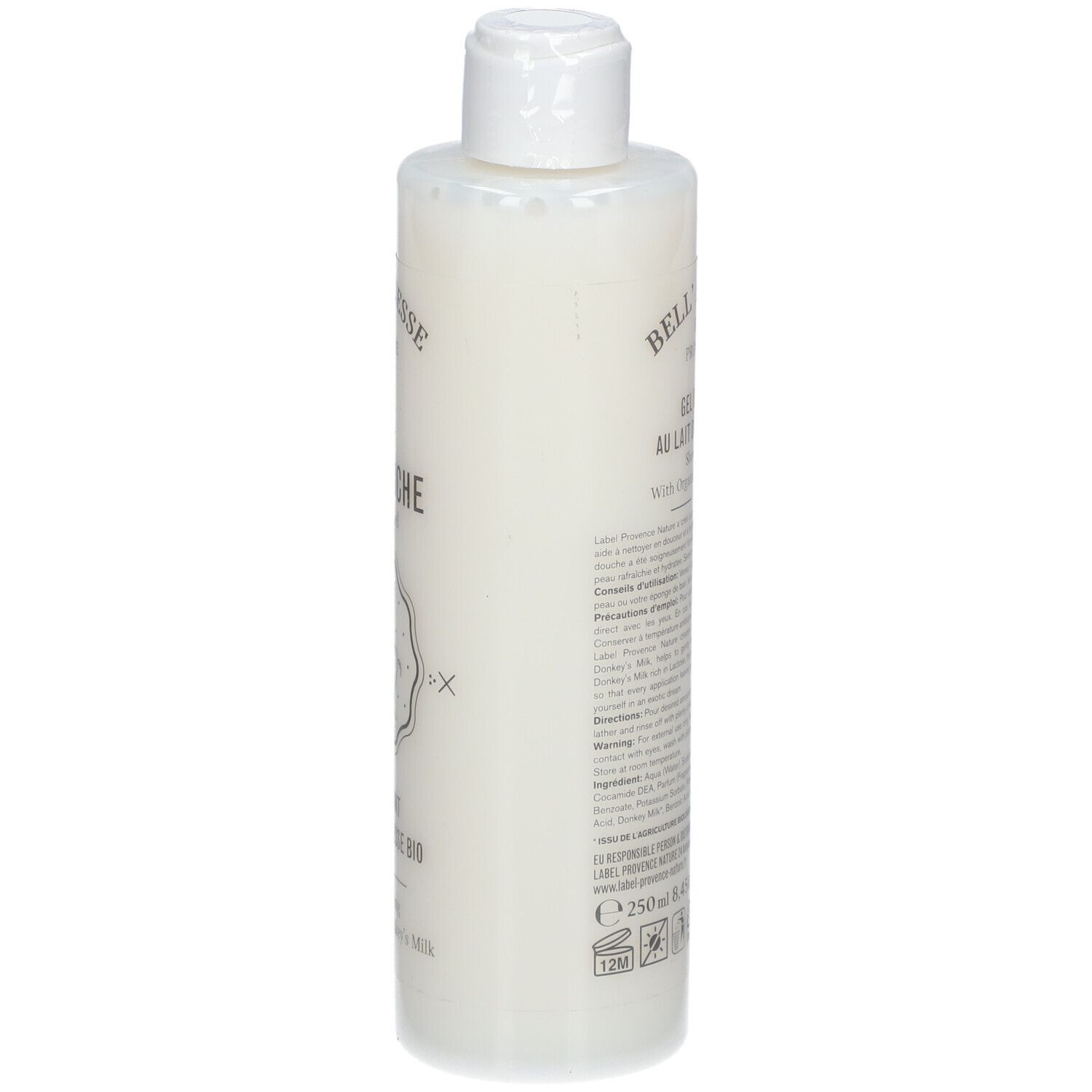 Fles met witte dop. Achterkant met tekst en barcode. Productnaam: Bio Ezelmelk Douchegel. Volume: 250ml.