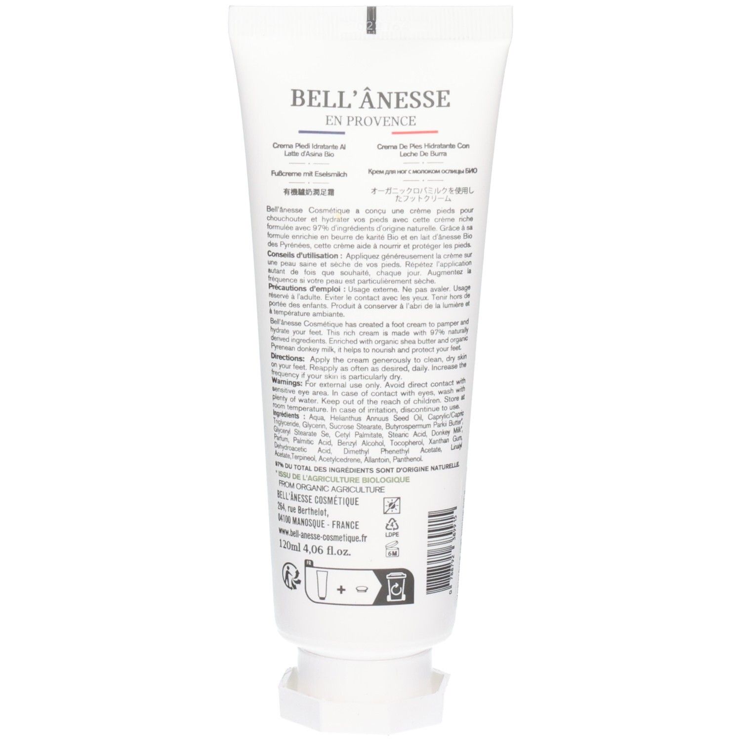 Rückseite der weißen Tube. Text und Inhaltsstoffe. 125ml. Recycling-Symbol. Herstelleradresse.