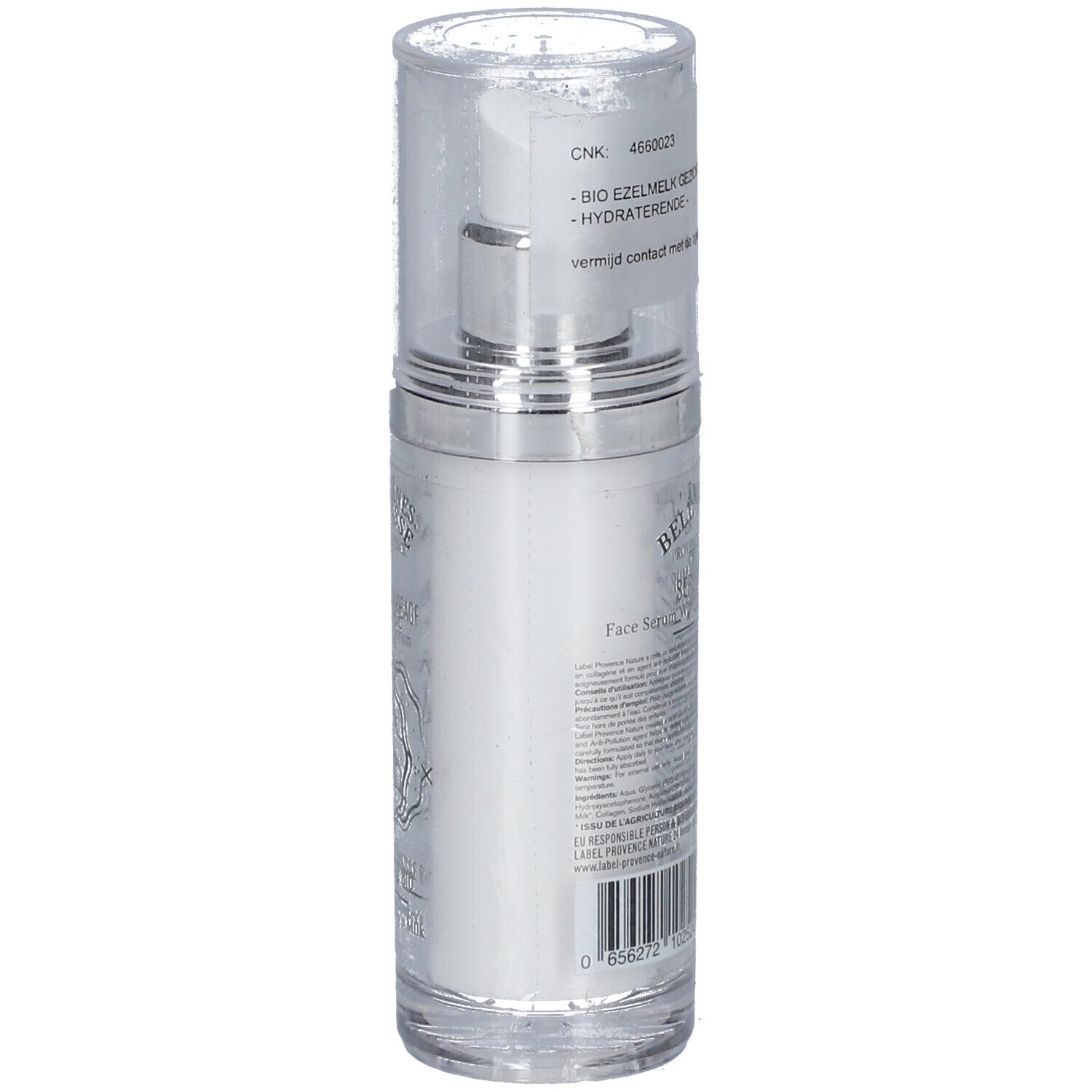 Serumflasche mit Pumpe und Kappe. Aufschrift: BELL'ÂNESSE, Serum Visage. Rückseite mit Text und Barcode. 30 ml.