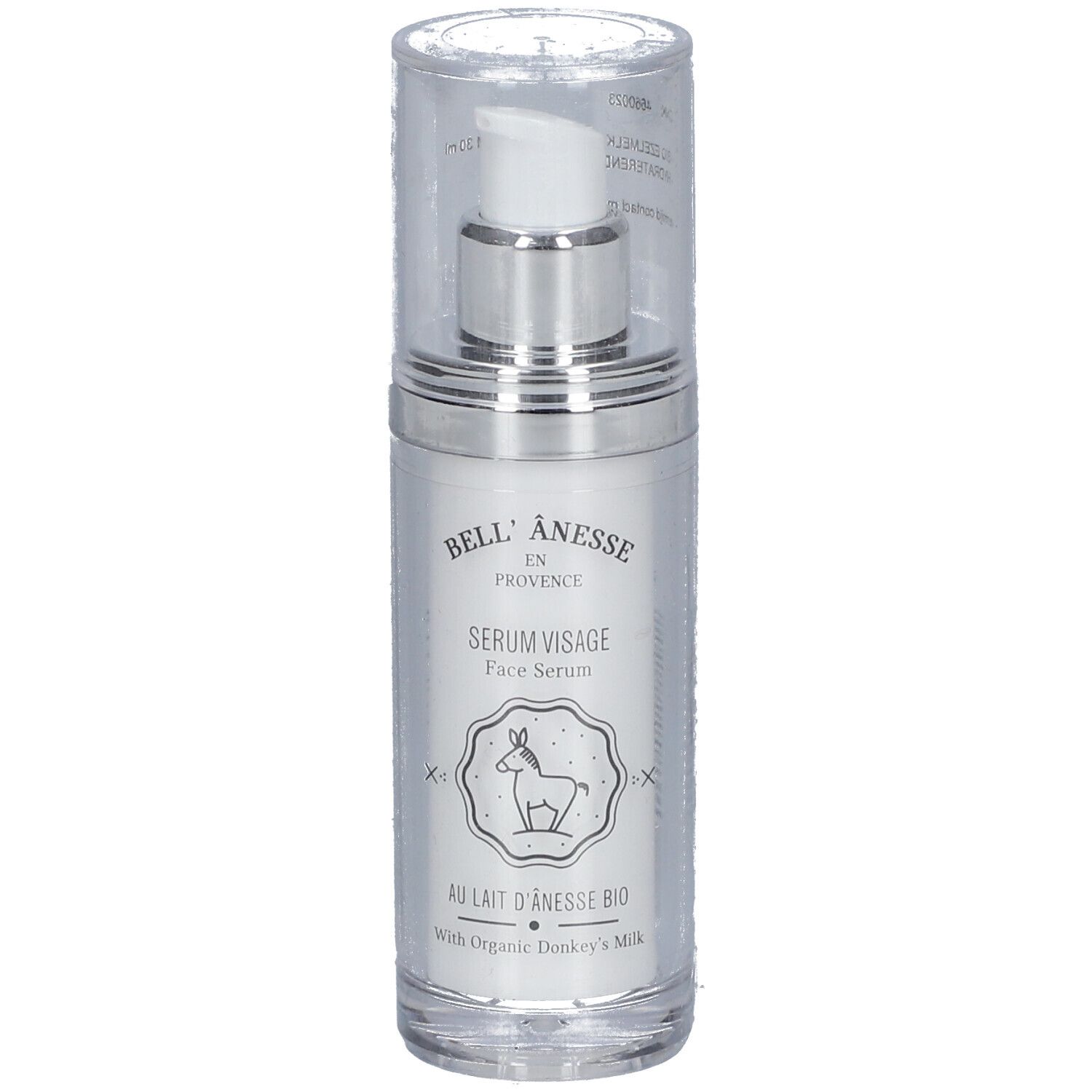 Gesichtsserum-Flasche mit Pumpe und Kappe. Aufschrift: BELL'ÂNESSE, Serum Visage, Au Lait d'Ânesse Bio.