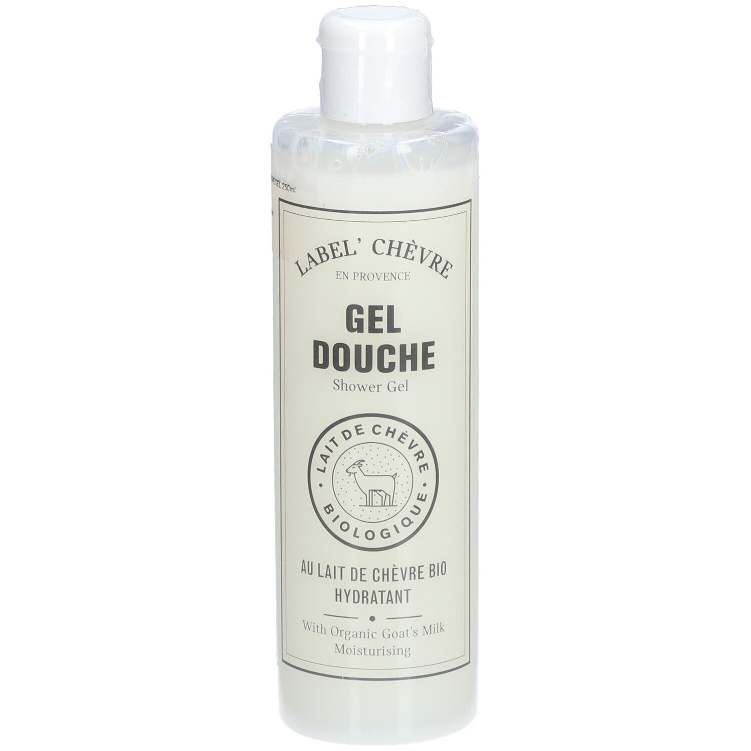 Witte fles met witte dop. Opschrift: Label' Chèvre, Gel Douche, Lait de Chèvre Bio. Hydratant.
