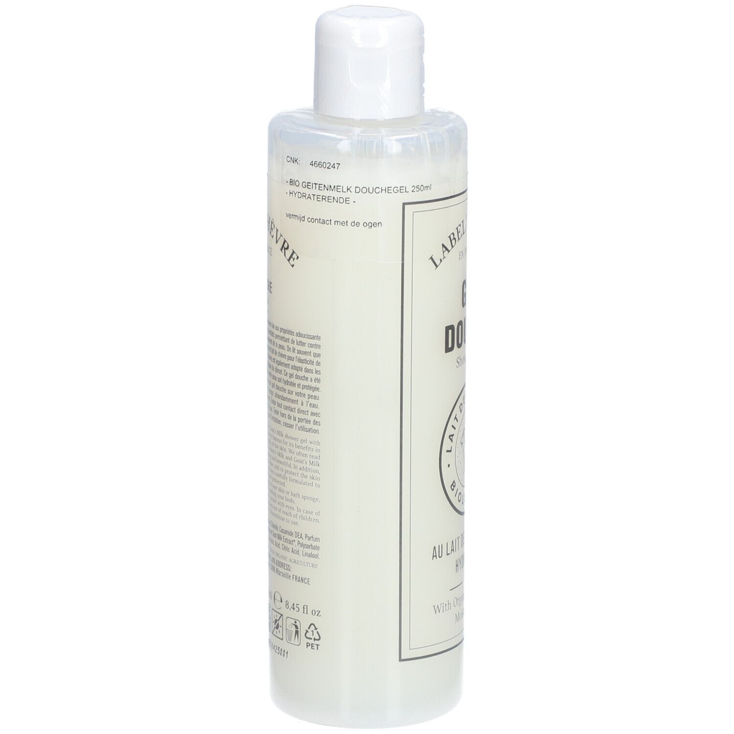 Witte fles met witte dop. Opschrift: Label' Chèvre, Gel Douche. Tekst op de achterkant.