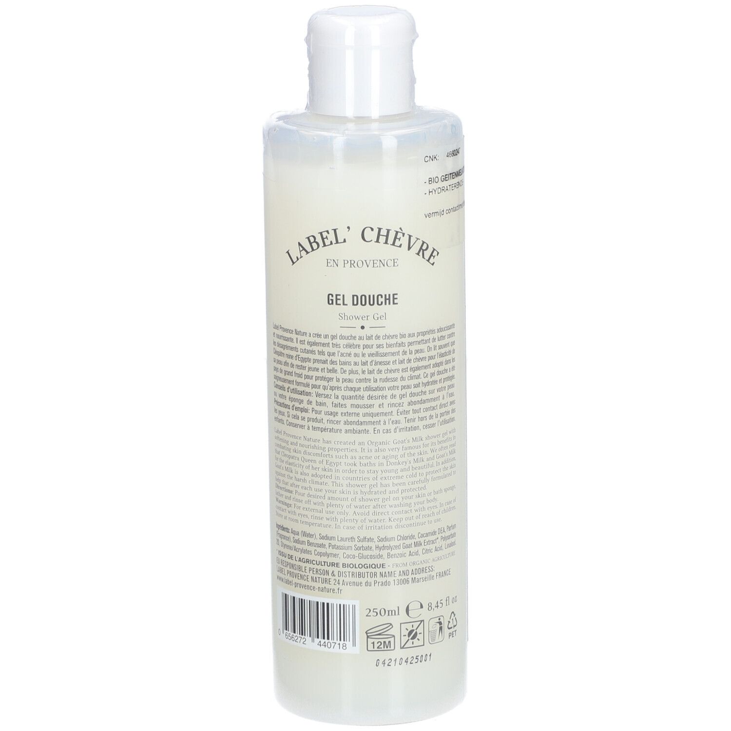Witte fles met witte dop. Opschrift: Label' Chèvre, Gel Douche. Tekst en barcode op de achterkant.