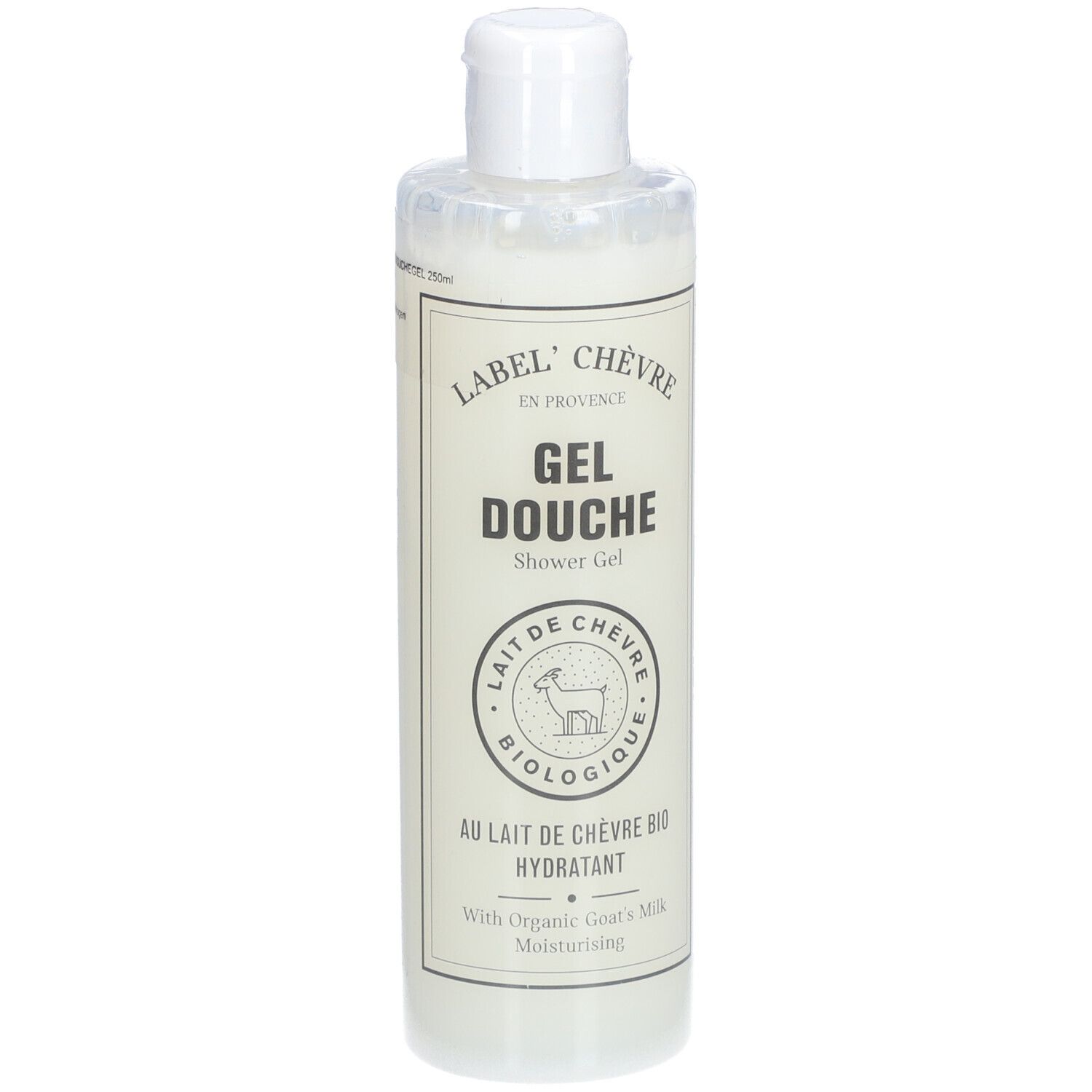 Witte fles met witte dop. Opschrift: Label' Chèvre, Gel Douche, Lait de Chèvre Bio. Hydratant.