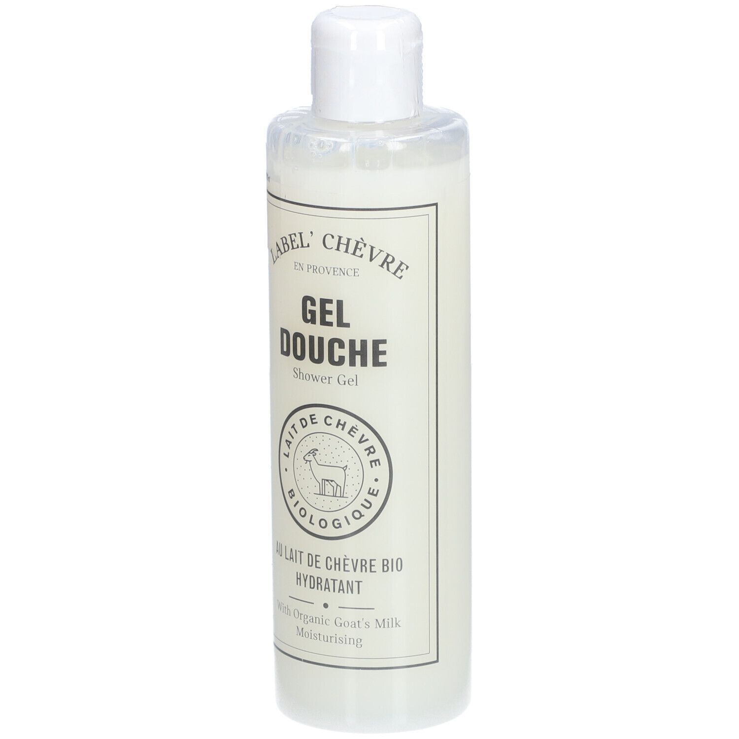 Witte fles met witte dop. Opschrift: Label' Chèvre, Gel Douche, Lait de Chèvre Bio. Hydratant.