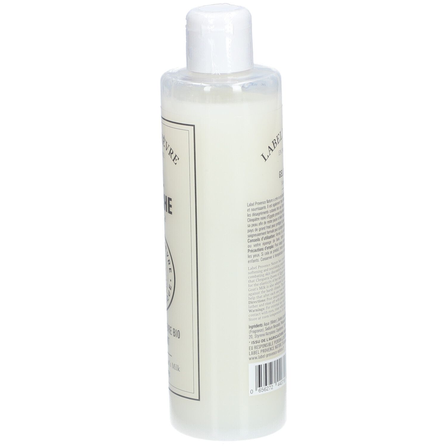 Witte fles met witte dop. Opschrift: Label' Chèvre, Gel Douche. Tekst en barcode op de achterkant.
