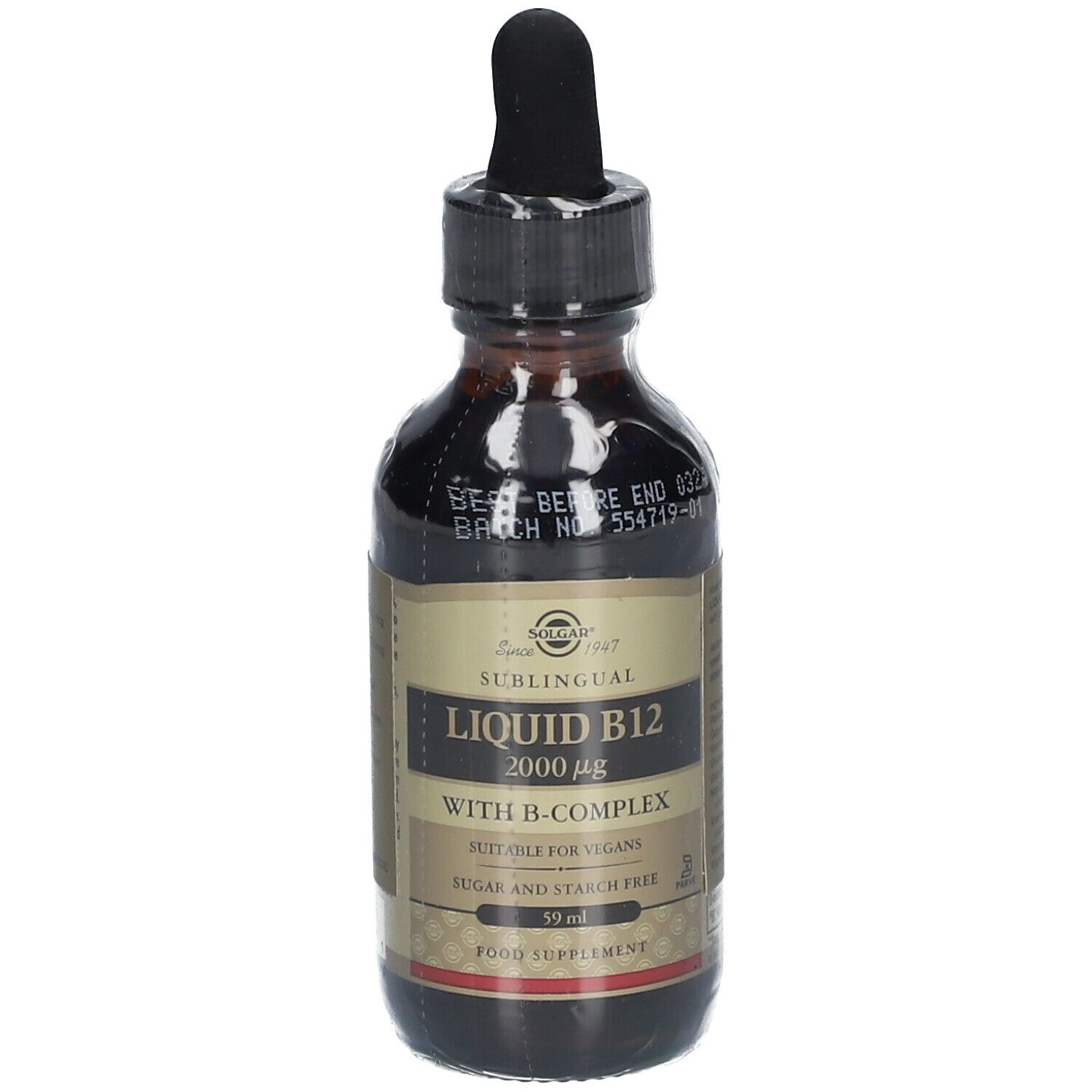 Bruine glazen fles met druppelaar. Etiket met Liquid B12 2000 µg. Geschikt voor veganisten. Suiker- en zetmeelvrij. 59 ml.