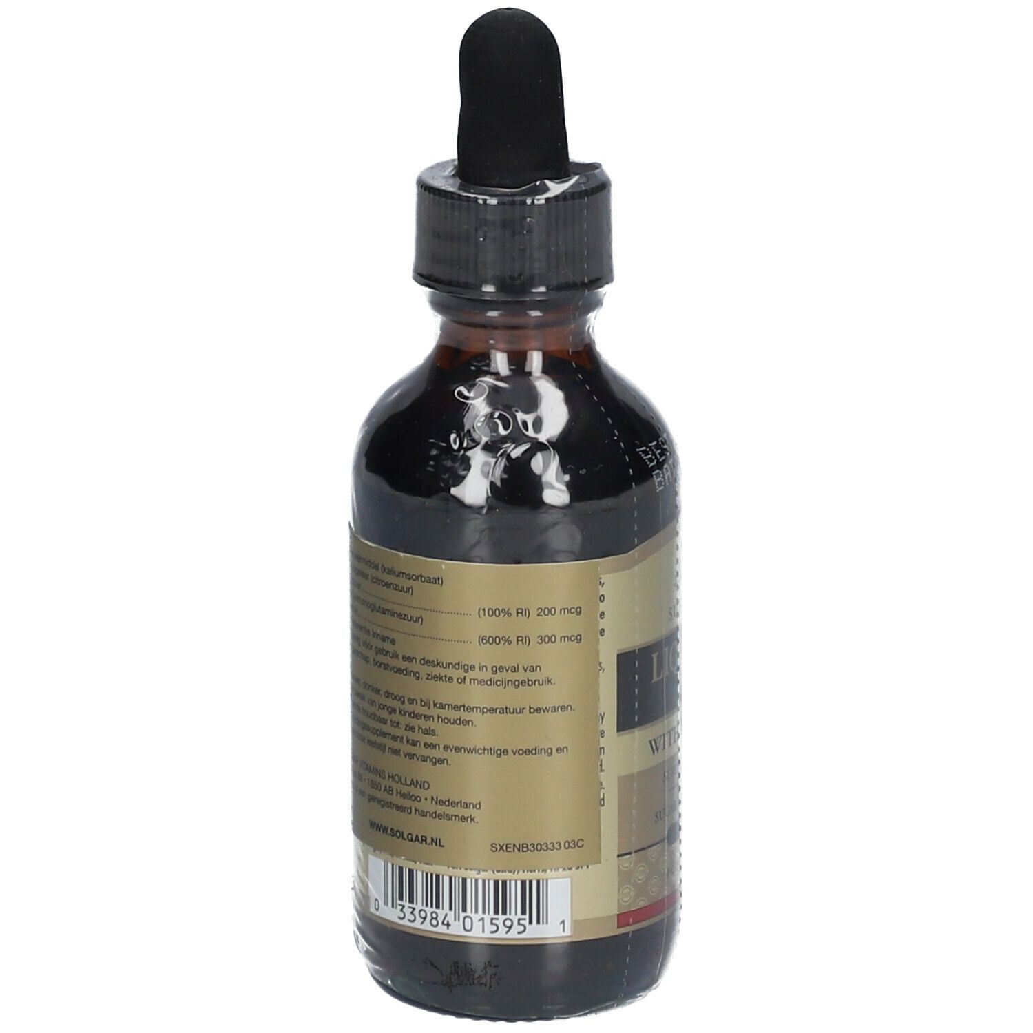 Bruine glazen fles met druppelaar. Achterkant met voedingswaarde. Etiket met Liquid B12. Geschikt voor veganisten. 59 ml.