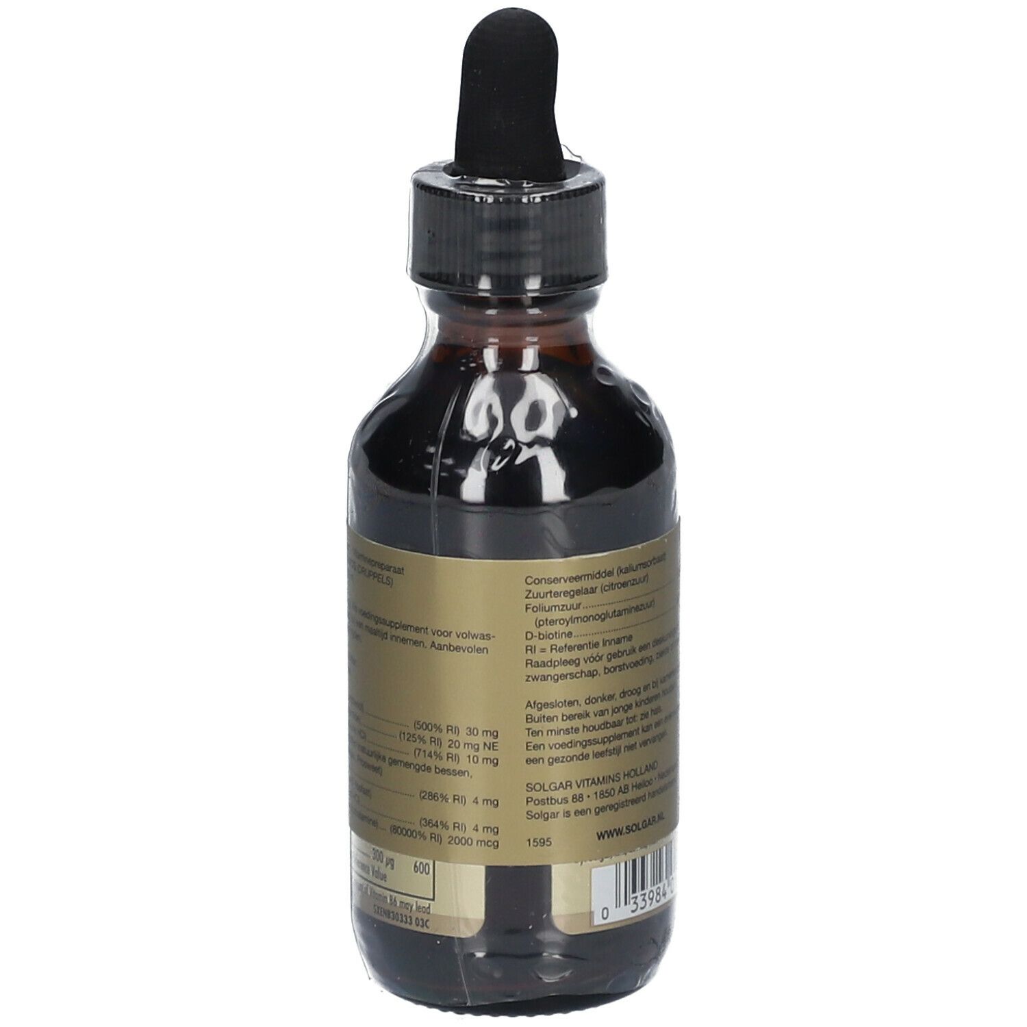 Bruine glazen fles met druppelaar. Achterkant met voedingswaarde. Etiket met Liquid B12. Geschikt voor veganisten. 59 ml.