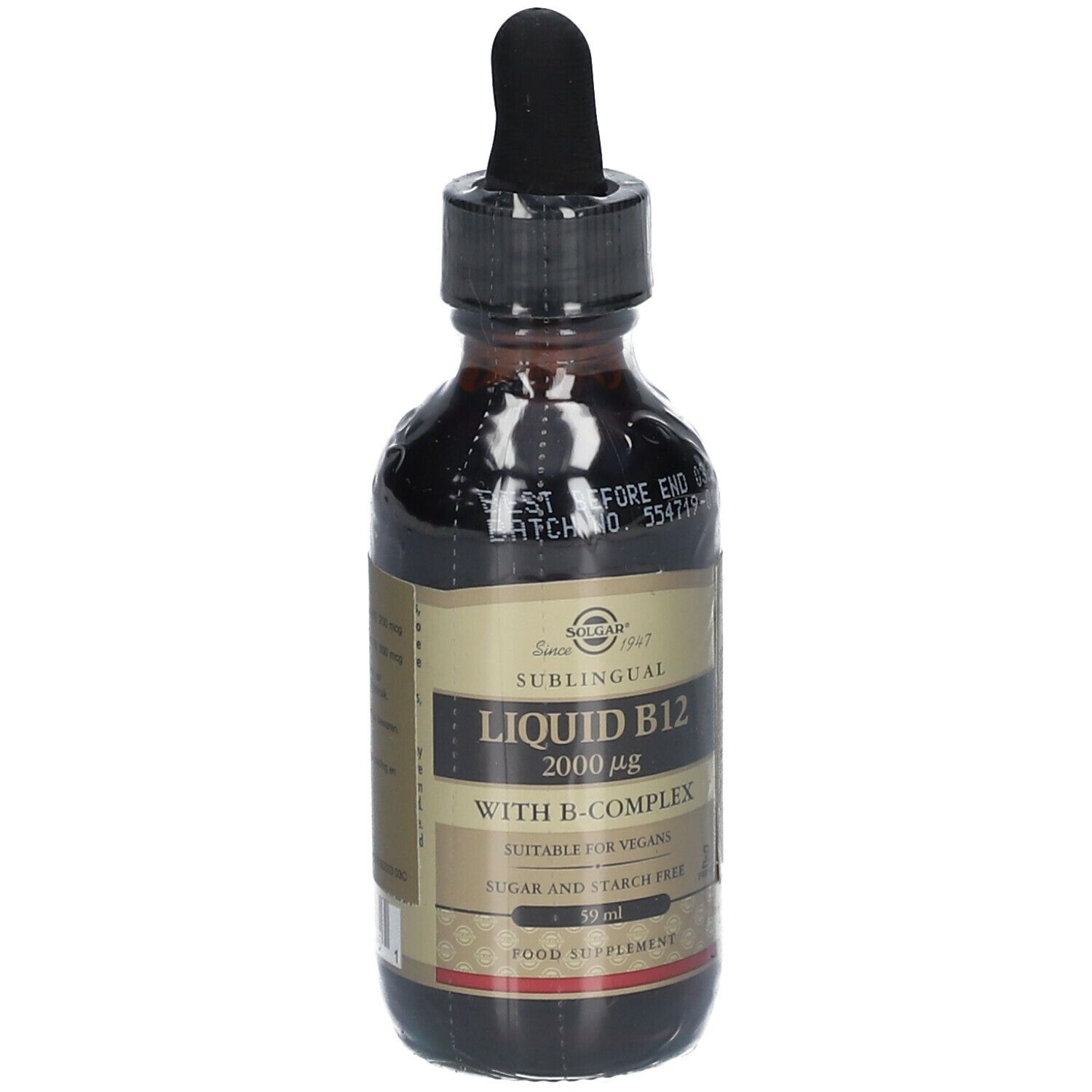 Bruine glazen fles met druppelaar. Etiket met Liquid B12 2000 µg. Geschikt voor veganisten. Suiker- en zetmeelvrij. 59 ml.