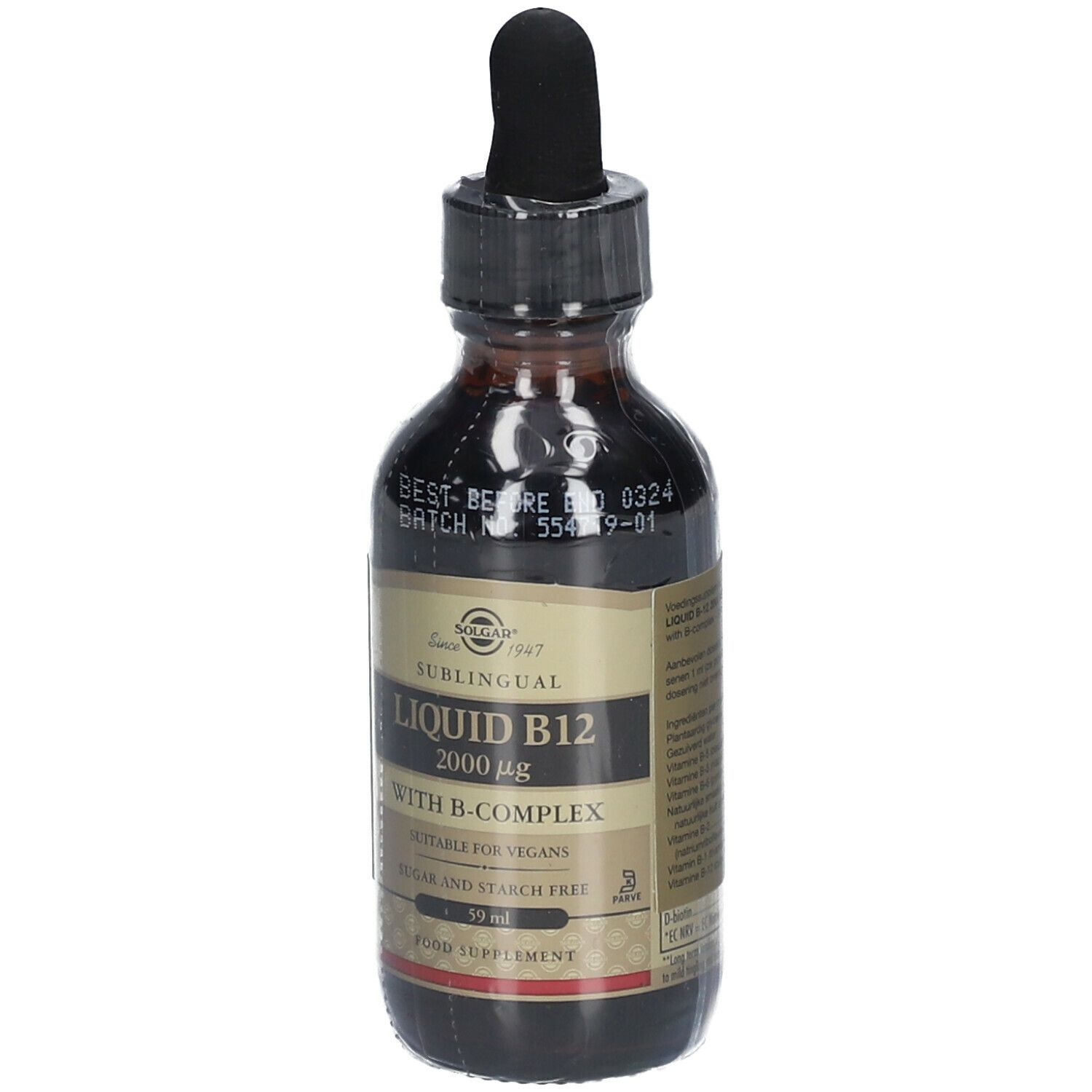 Bruine glazen fles met druppelaar. Etiket met Liquid B12 2000 µg. Geschikt voor veganisten. Suiker- en zetmeelvrij. 59 ml.