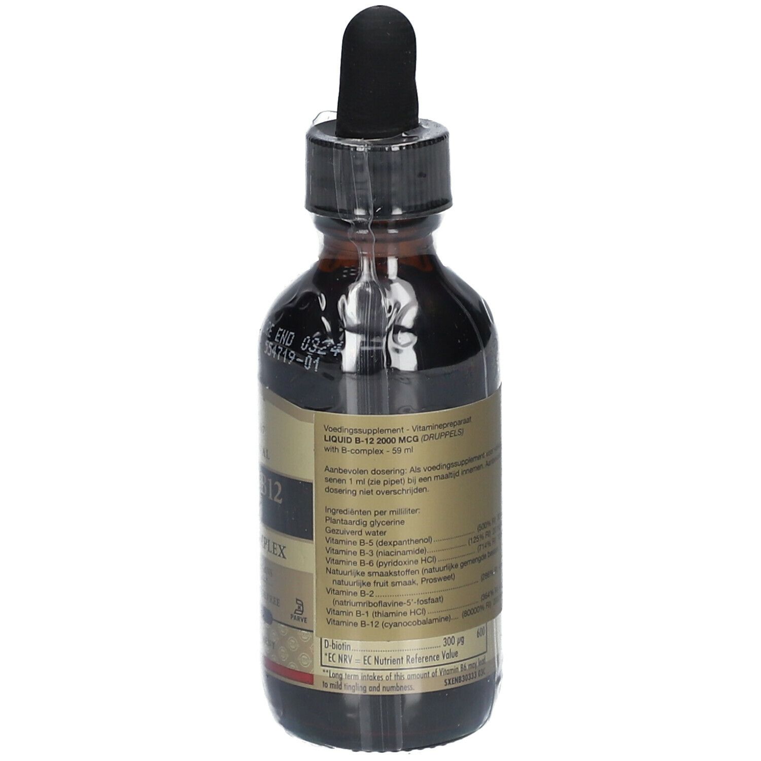 Bruine glazen fles met druppelaar. Achterkant met voedingswaarde. Etiket met Liquid B12. Geschikt voor veganisten. 59 ml.