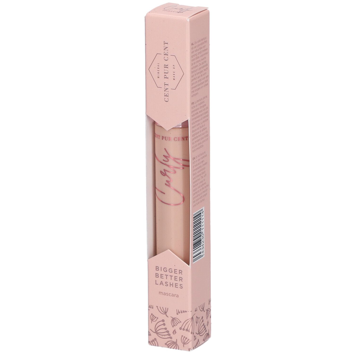 Mascara CENT PUR CENT Curly dans un emballage rose. Inscription : BIGGER BETTER LASHES. Produit dans son emballage.
