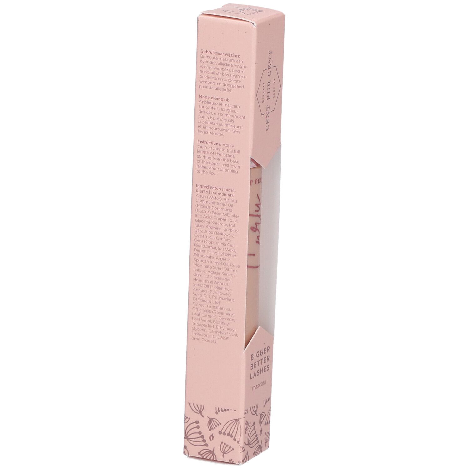 Dos de l'emballage rose du mascara CENT PUR CENT Curly. Informations textuelles et motif floral en bas.