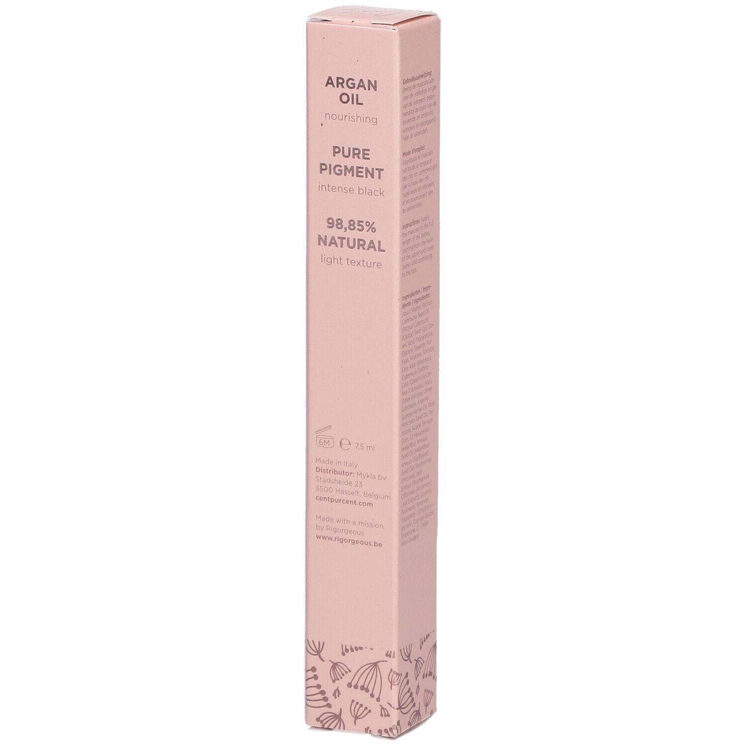 Emballage rose du mascara CENT PUR CENT. Inscription : ARGAN OIL, PURE PIGMENT, 98,85% NATURAL. Avec motif floral.