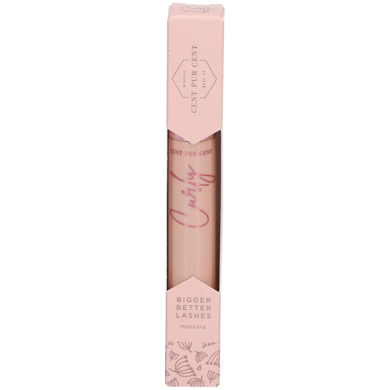 Mascara CENT PUR CENT Curly dans un emballage rose. Inscription : BIGGER BETTER LASHES. Produit dans son emballage.