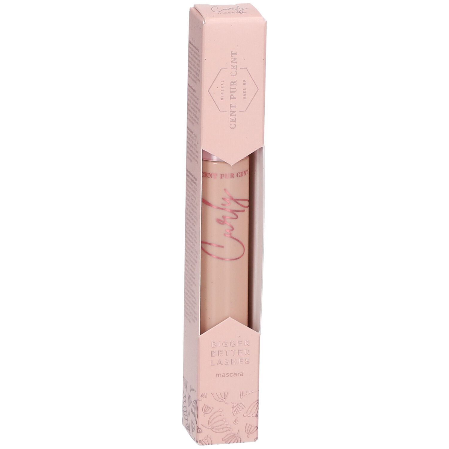 Mascara CENT PUR CENT Curly dans un emballage rose. Inscription : BIGGER BETTER LASHES. Produit dans son emballage.