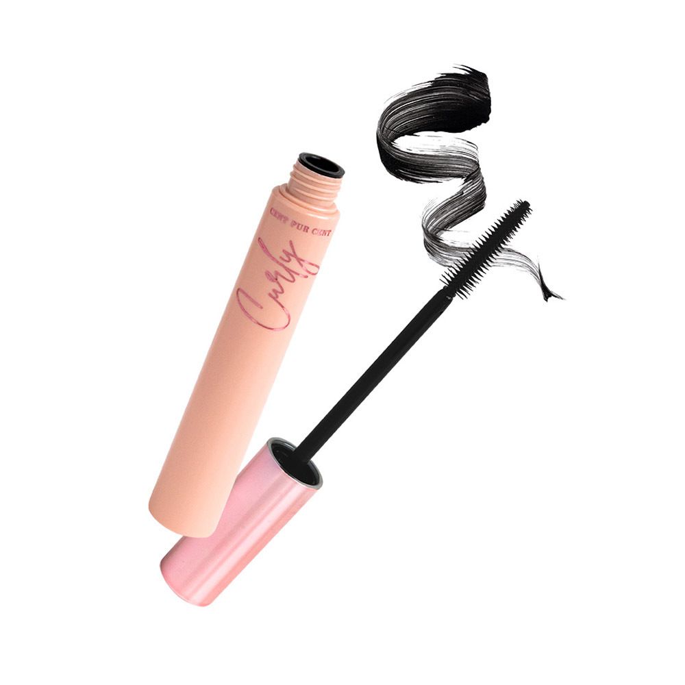 Mascara CENT PUR CENT Curly, tube rose, brosse noire et encre noire. Inscription : Curly.