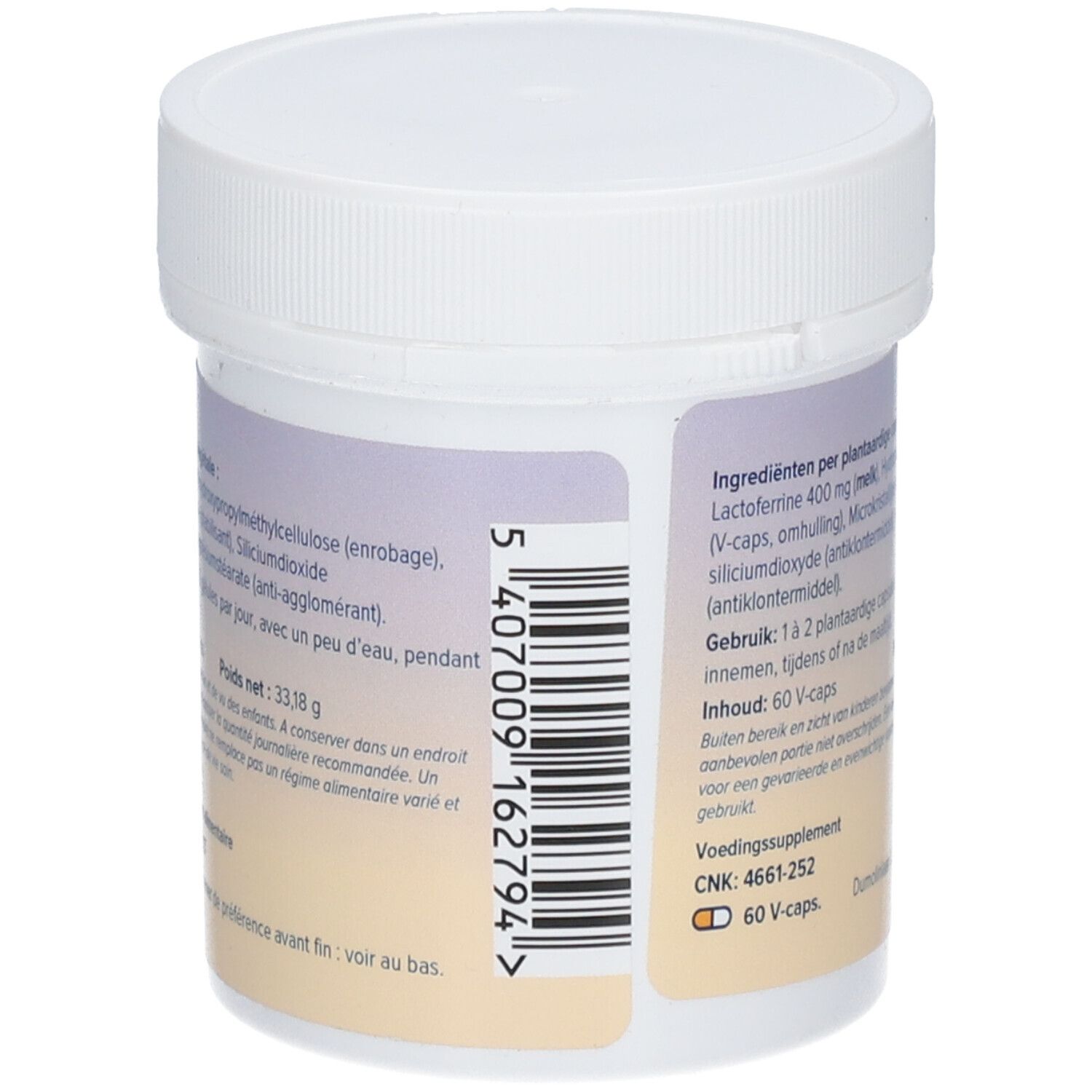Dos du pot blanc avec informations sur les ingrédients et la valeur nutritionnelle. DeBa Pharma.