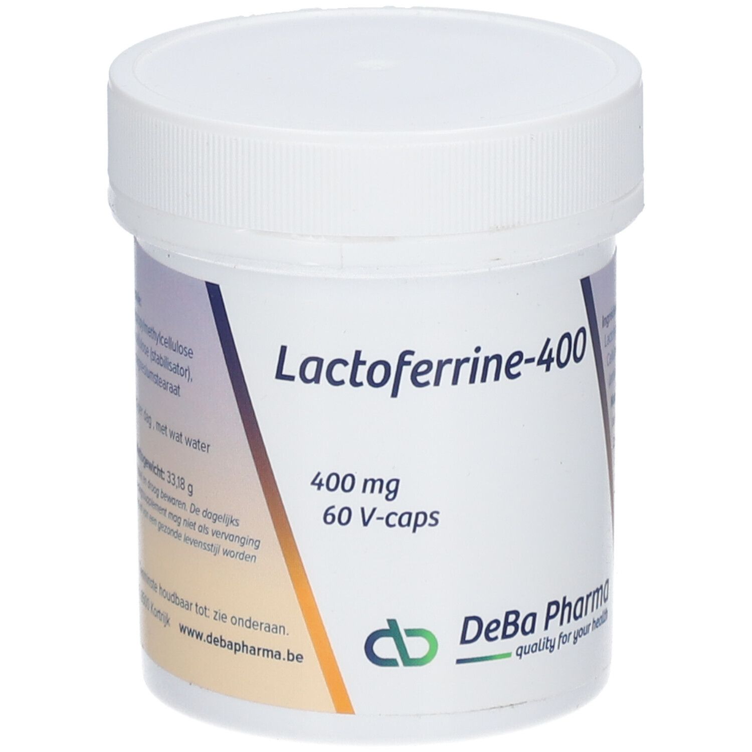 Pot blanc avec inscription Lactoferrine-400, 400 mg, 60 V-caps. Logo DeBa Pharma.