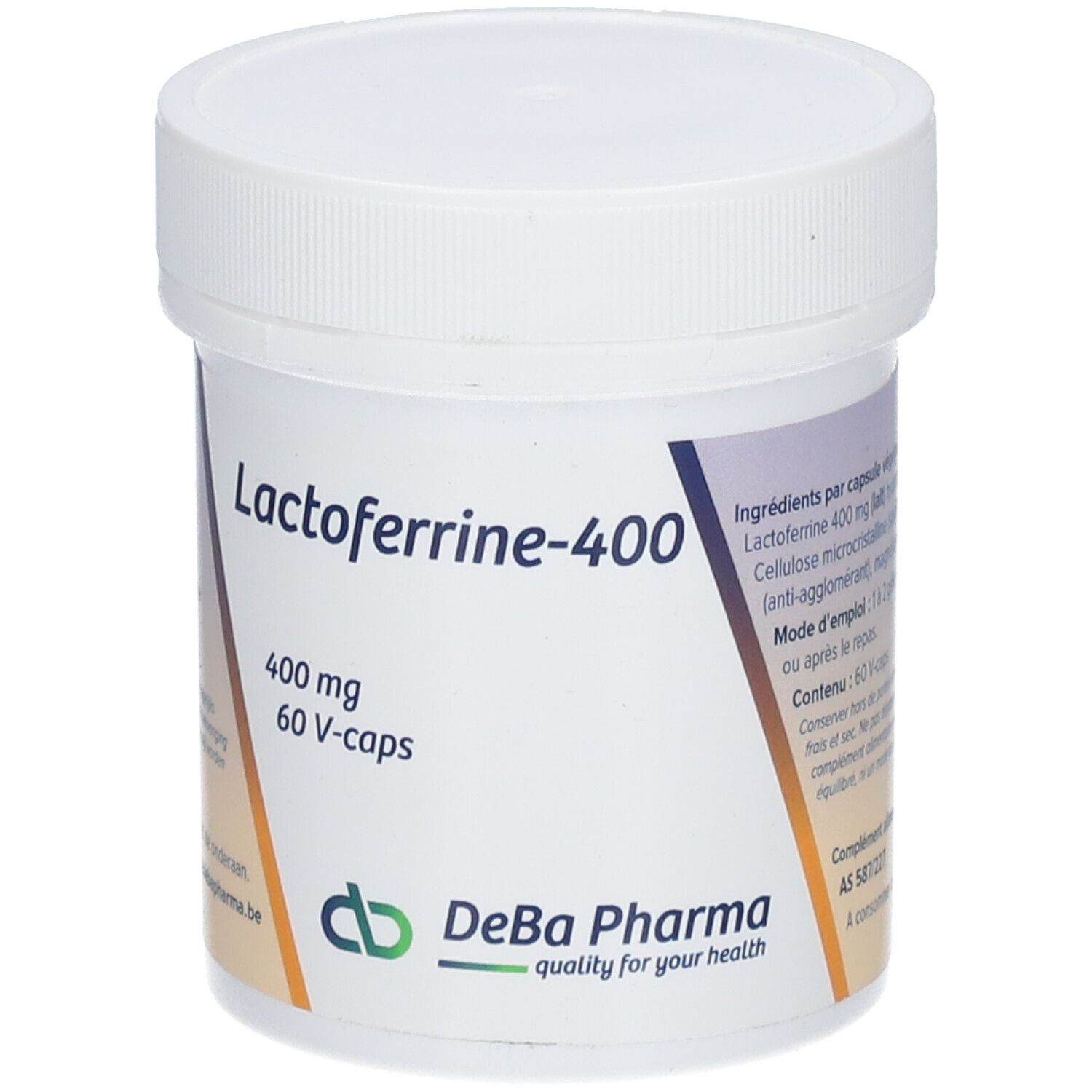 Pot blanc avec inscription Lactoferrine-400, 400 mg, 60 V-caps. Logo DeBa Pharma.