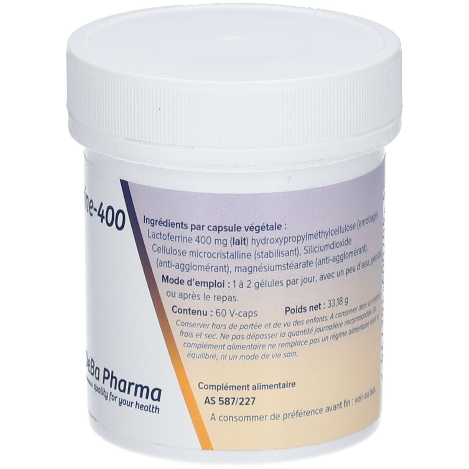 Dos du pot blanc avec informations sur les ingrédients et la valeur nutritionnelle. DeBa Pharma.