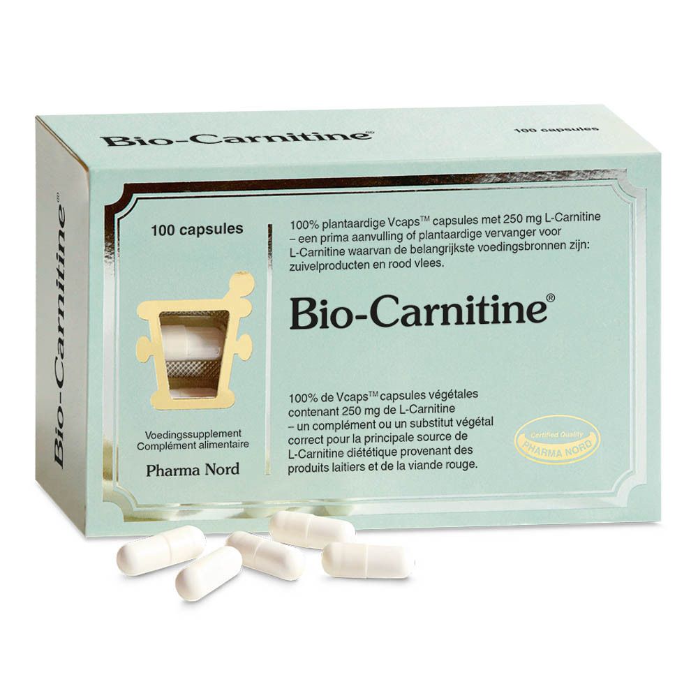 Boîte vert clair "Bio-Carnitine" avec logo, 100 capsules et capsules en vrac devant.
