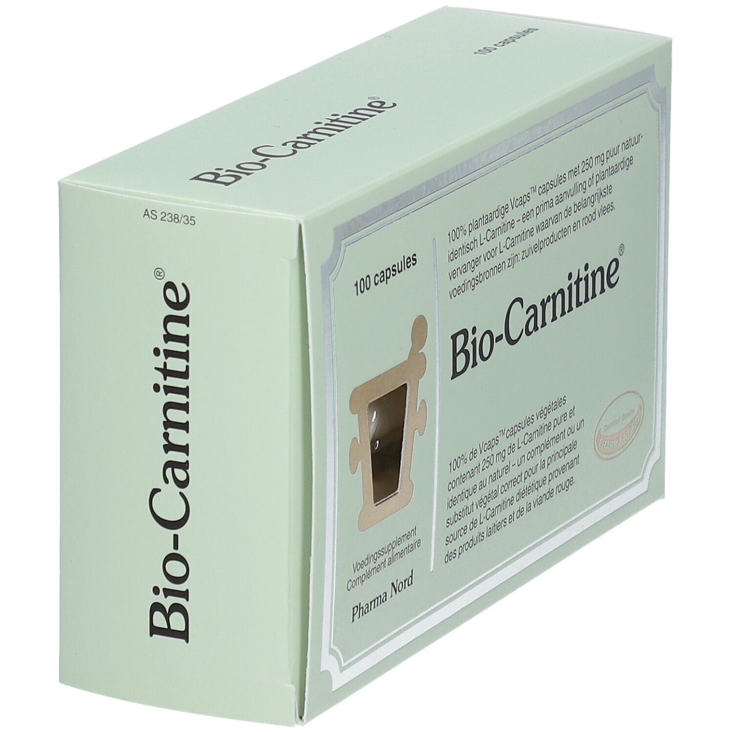 Boîte "Bio-Carnitine" en vue oblique. Logo et texte multilingue. 100 capsules.