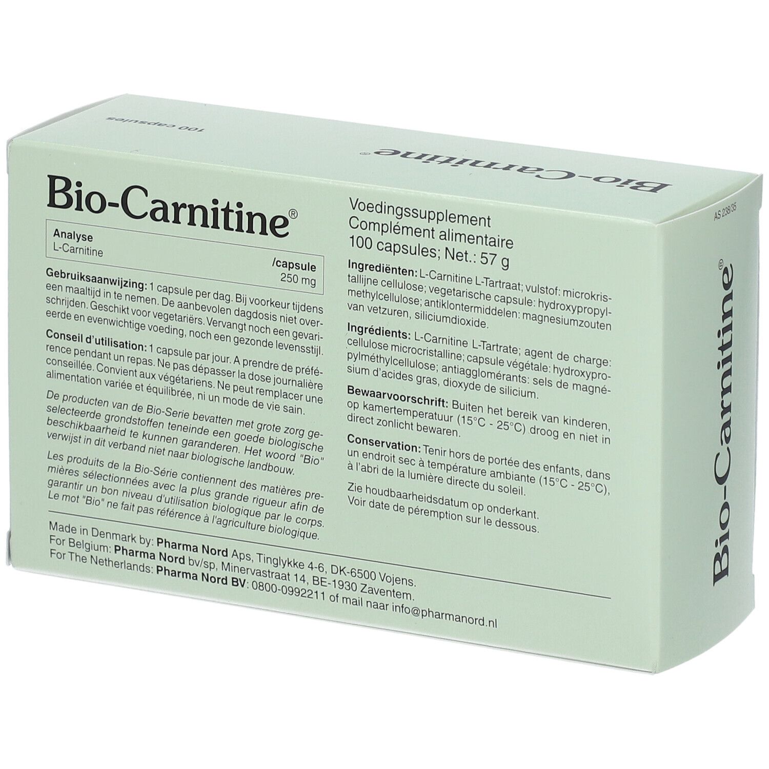 Dos de la boîte "Bio-Carnitine". Contient des informations sur les ingrédients, le dosage et le stockage.