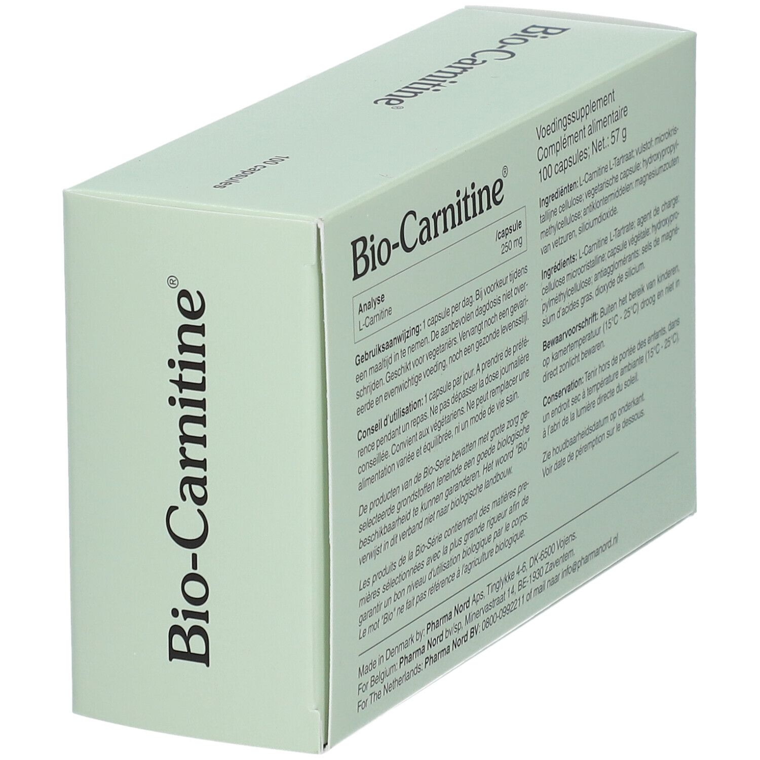 Boîte "Bio-Carnitine" en vue oblique. Texte et logo multilingues. 100 capsules.