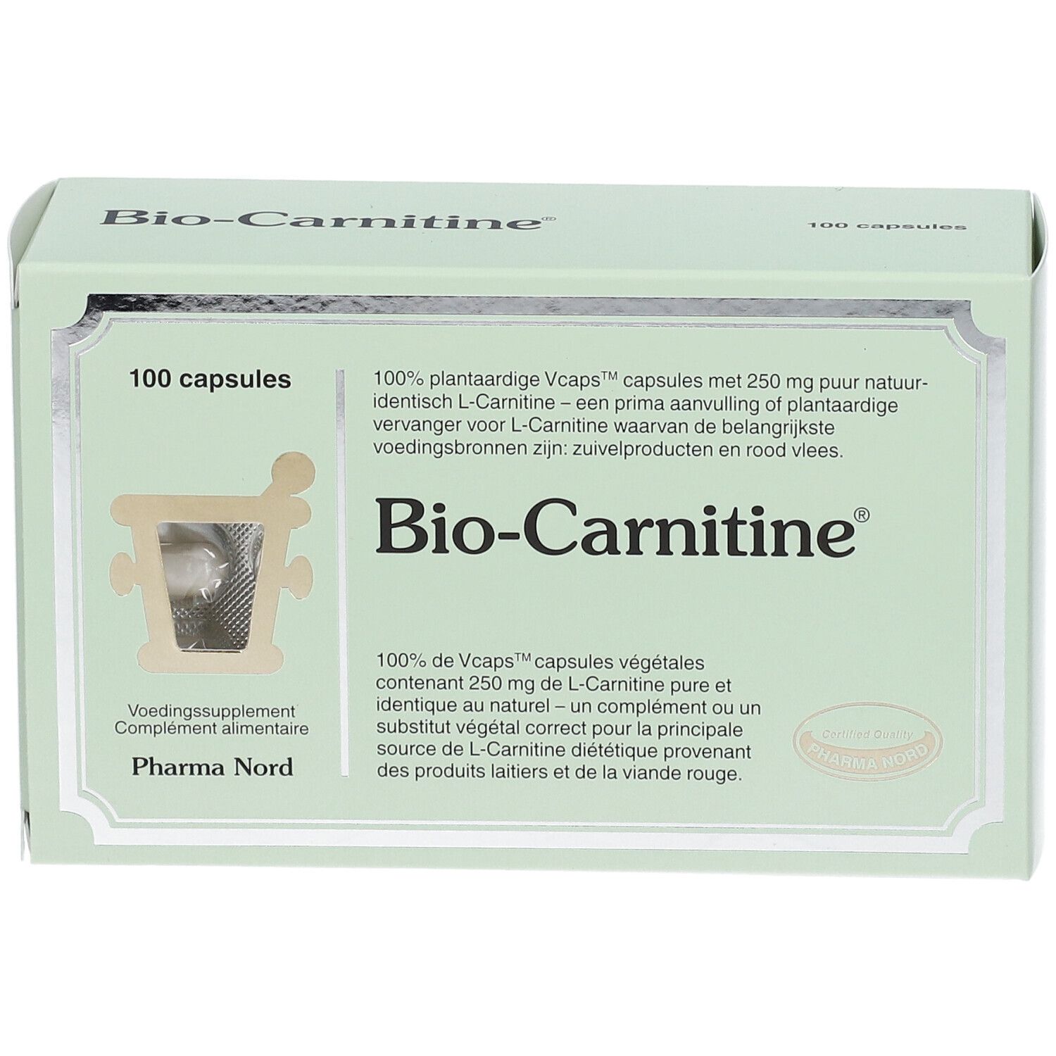 Boîte vert clair "Bio-Carnitine" avec logo et 100 capsules. Texte multilingue.