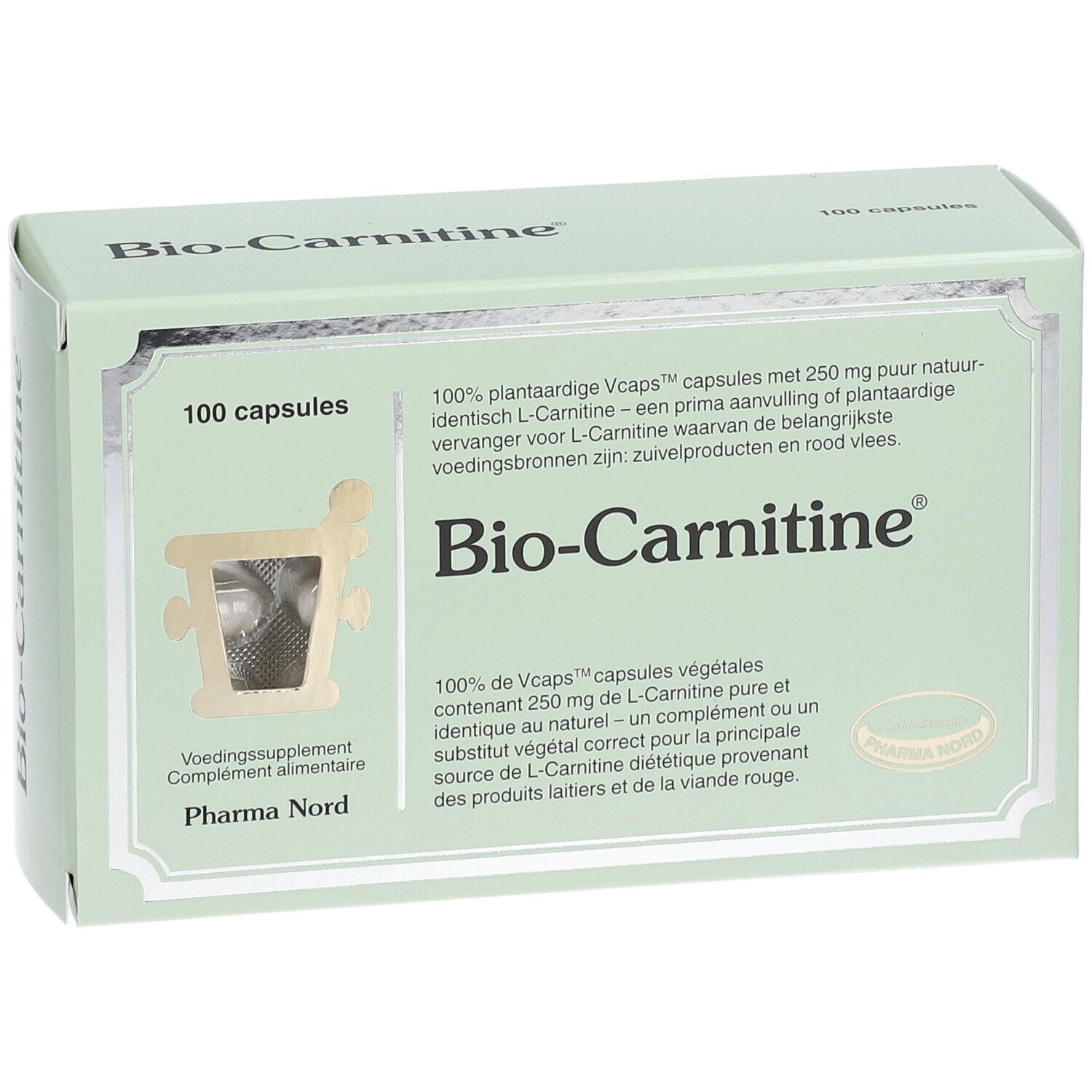 Boîte vert clair "Bio-Carnitine" avec logo et 100 capsules. Texte multilingue.