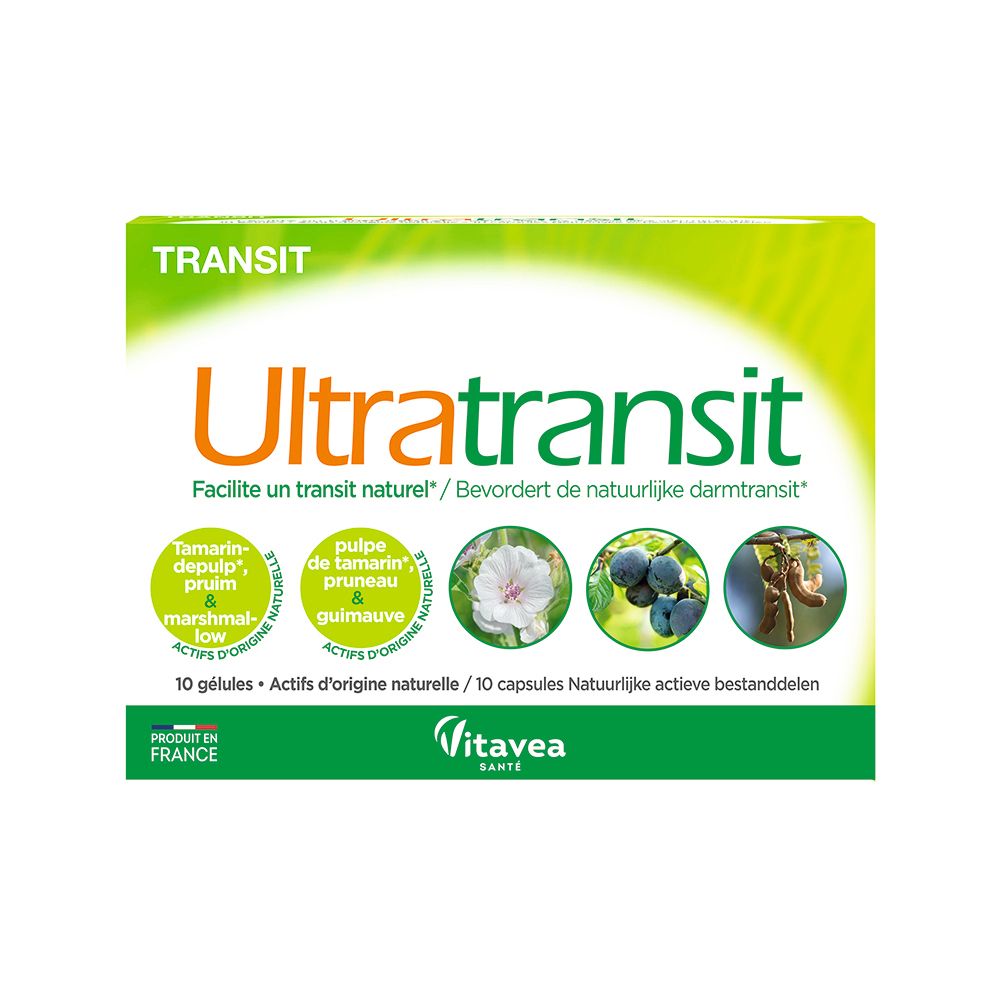 Doosje "Ultra transit". Groen-wit design. Toont ingrediënten en logo. 10 capsules.