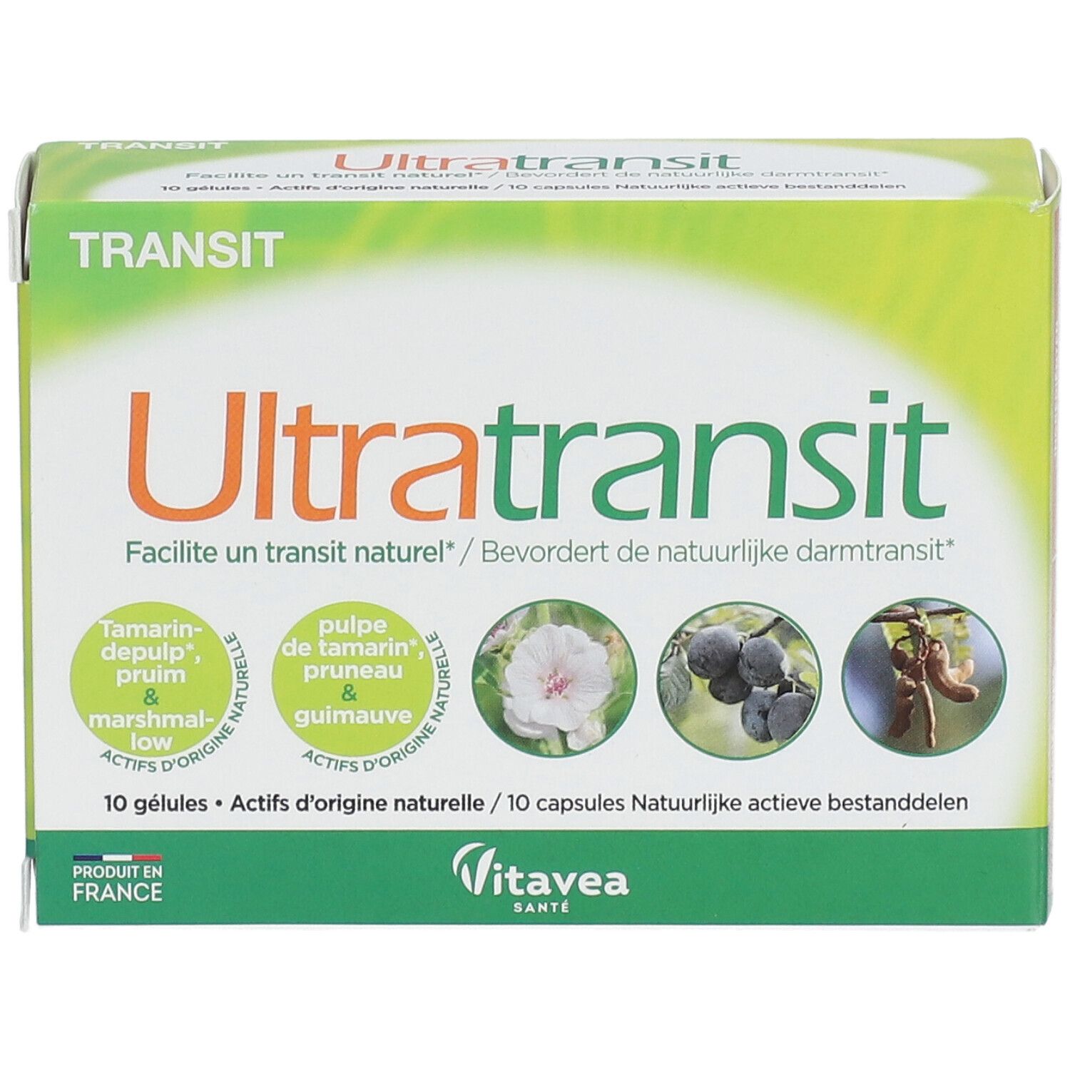 Doosje "Ultra transit". Groen-wit design. Toont ingrediënten en logo. 10 capsules.