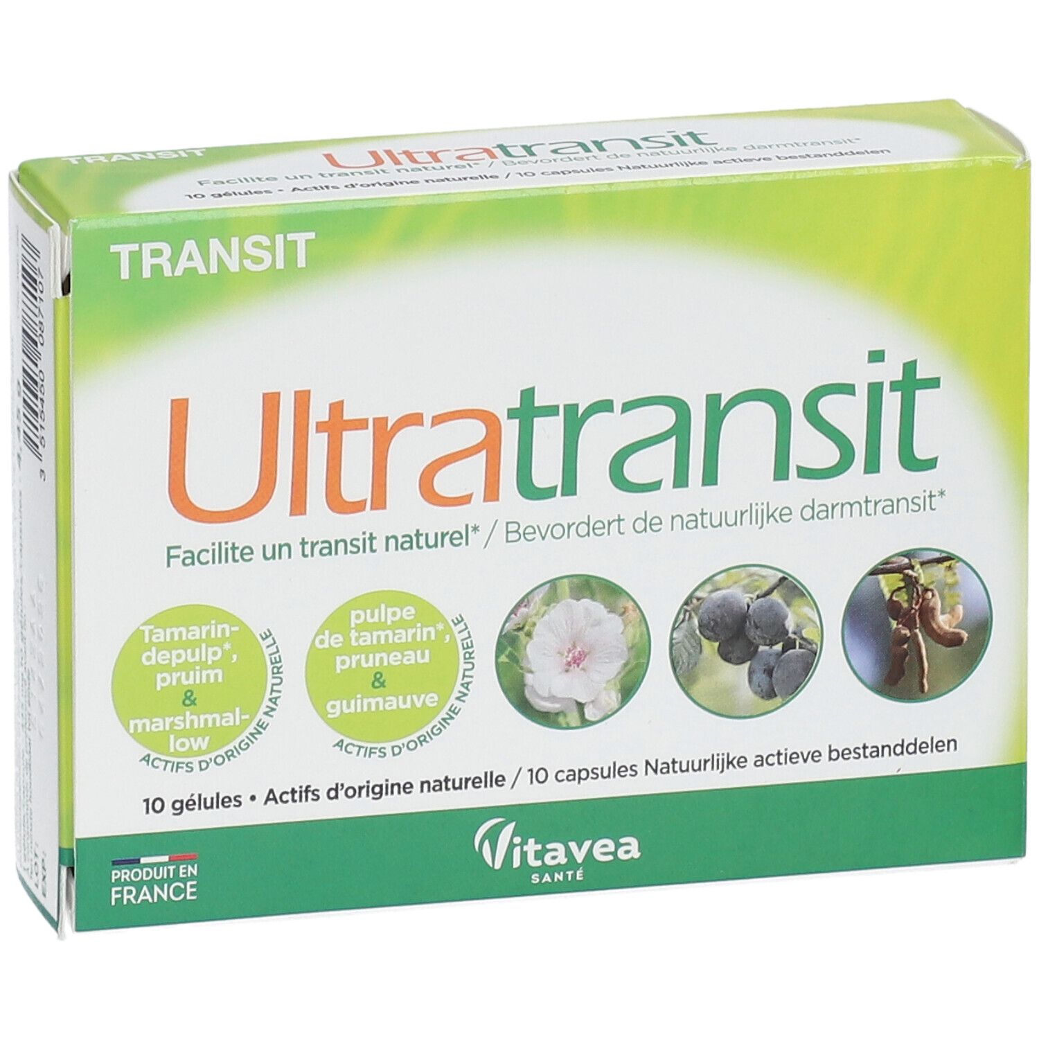 Doosje "Ultra transit". Groen-wit design. Toont ingrediënten en logo. 10 capsules.