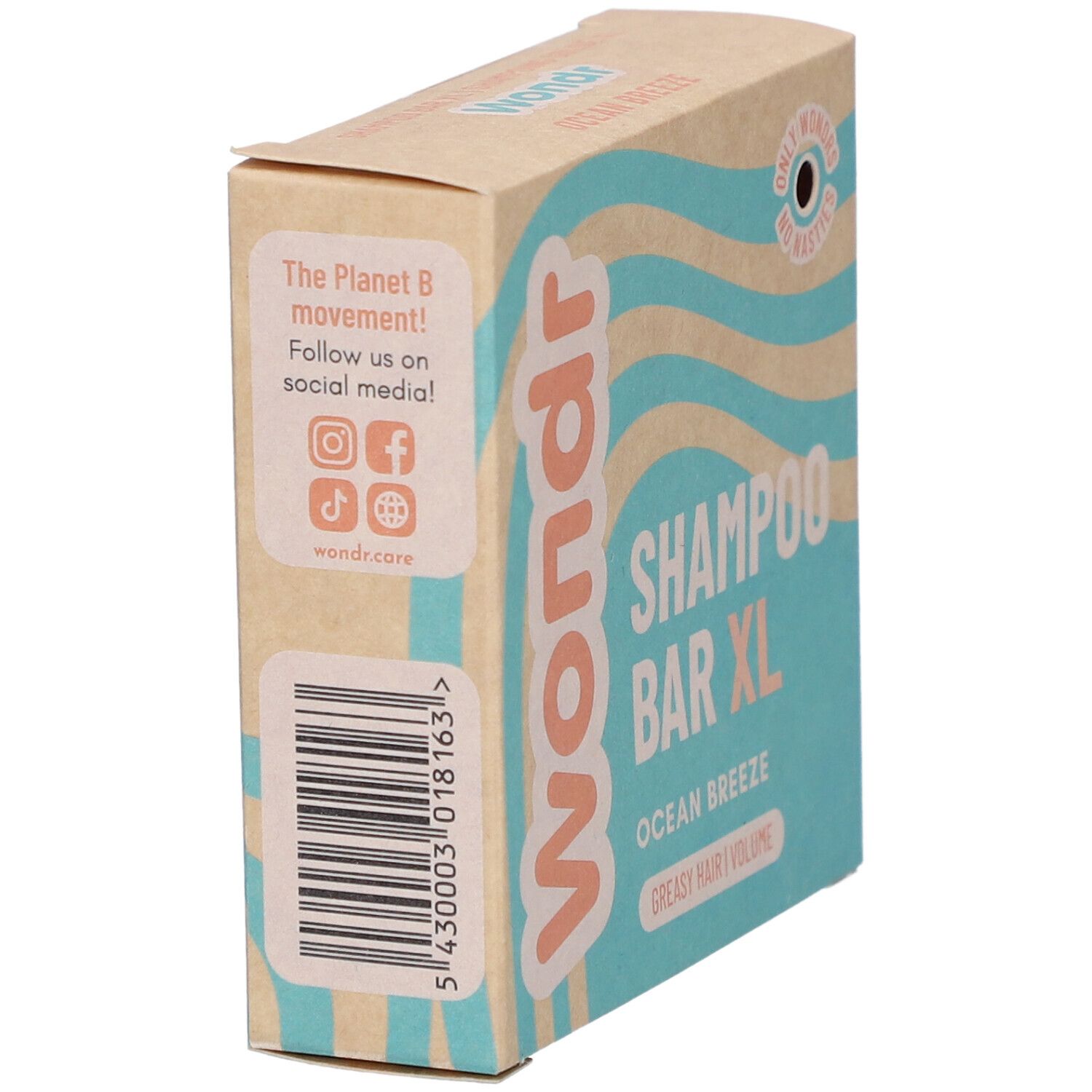 Wondr Shampoo Bar XL Ocean Breeze in Pappverpackung mit Wellenmuster.