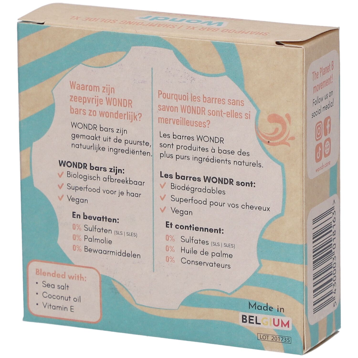 Verpackungsrückseite mit Informationen über WONDR-Seifenstücke, Inhaltsstoffe und Herstellung in Belgien.