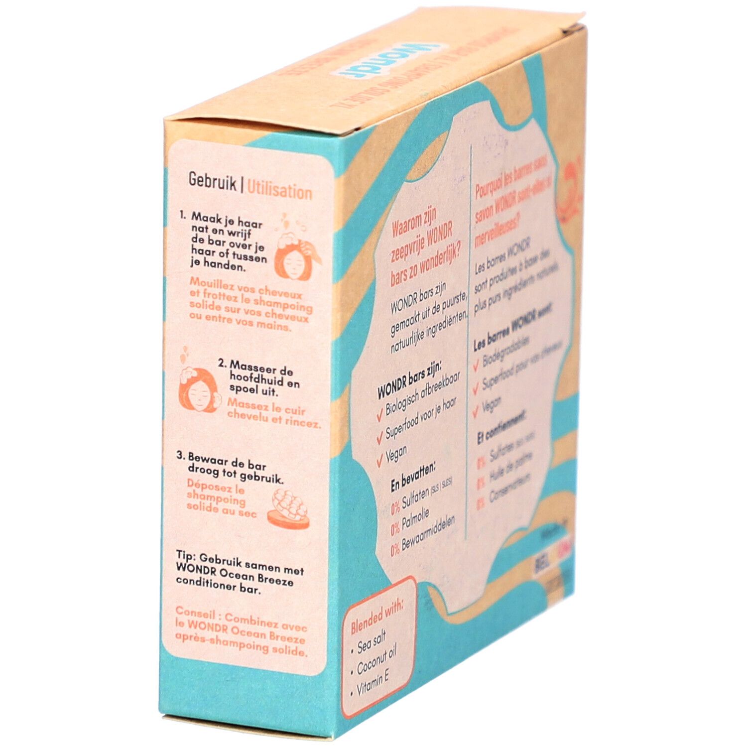 Verpackung für ein festes Shampoo mit Anweisungen und Inhaltsstoffen wie Meersalz, Kokosöl und Vitamin E.