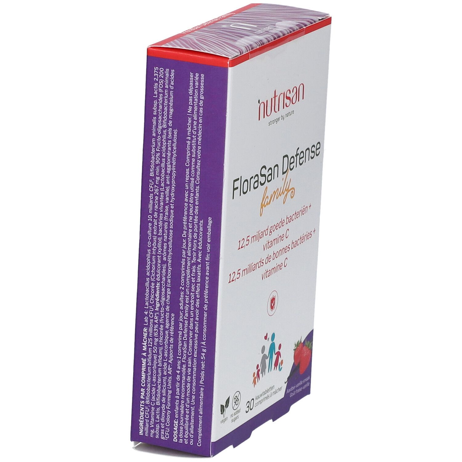 Boîte de NUTRISAN Florasan Defense Familie en biais. Contient 30 comprimés à mâcher. Inscription: 12,5 milliards de bonnes bactéries + vitamine C.