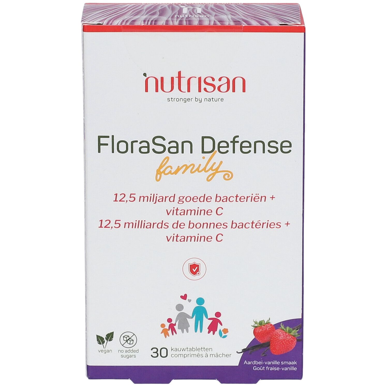 Face avant de la boîte de NUTRISAN Florasan Defense Familie. Contient 30 comprimés à mâcher. Inscription: 12,5 milliards de bonnes bactéries + vitamine C.