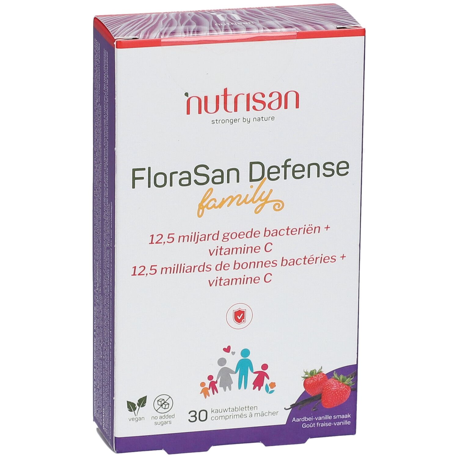 Face avant de la boîte de NUTRISAN Florasan Defense Familie. Contient 30 comprimés à mâcher. Inscription: 12,5 milliards de bonnes bactéries + vitamine C.