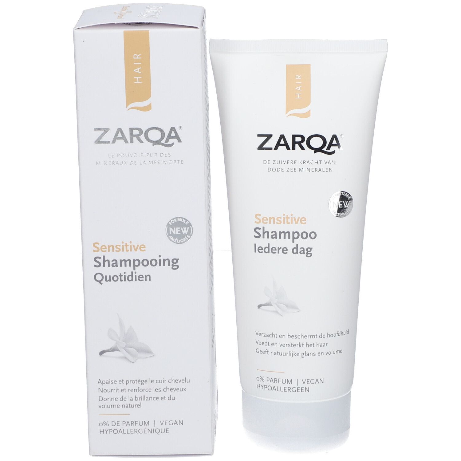 Zarqa Shampoo und Verpackung. Weiße Tube und Schachtel mit Logo.