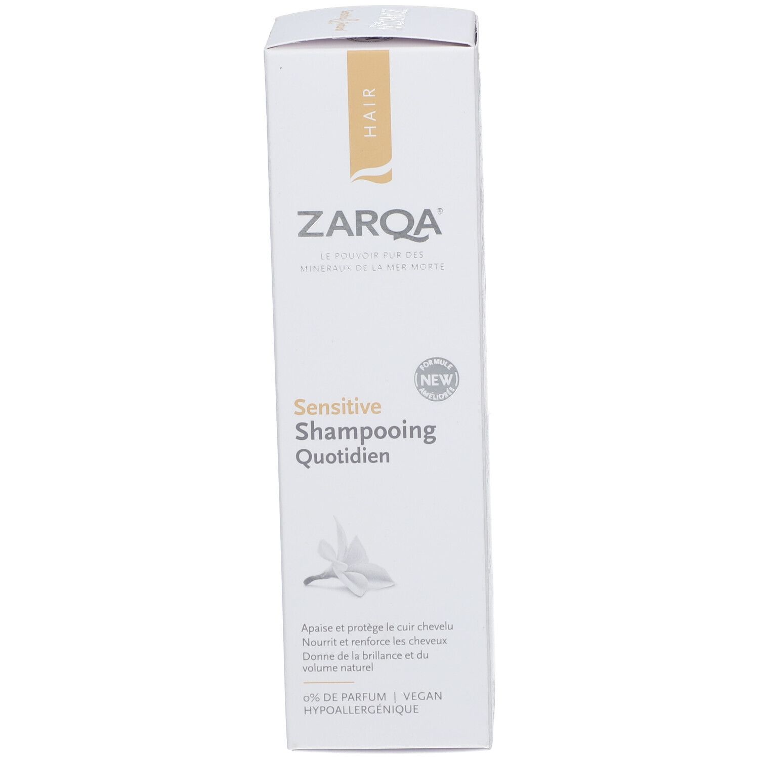 Weiße Schachtel mit Zarqa-Logo und Schriftzug "Sensitive Shampooing".