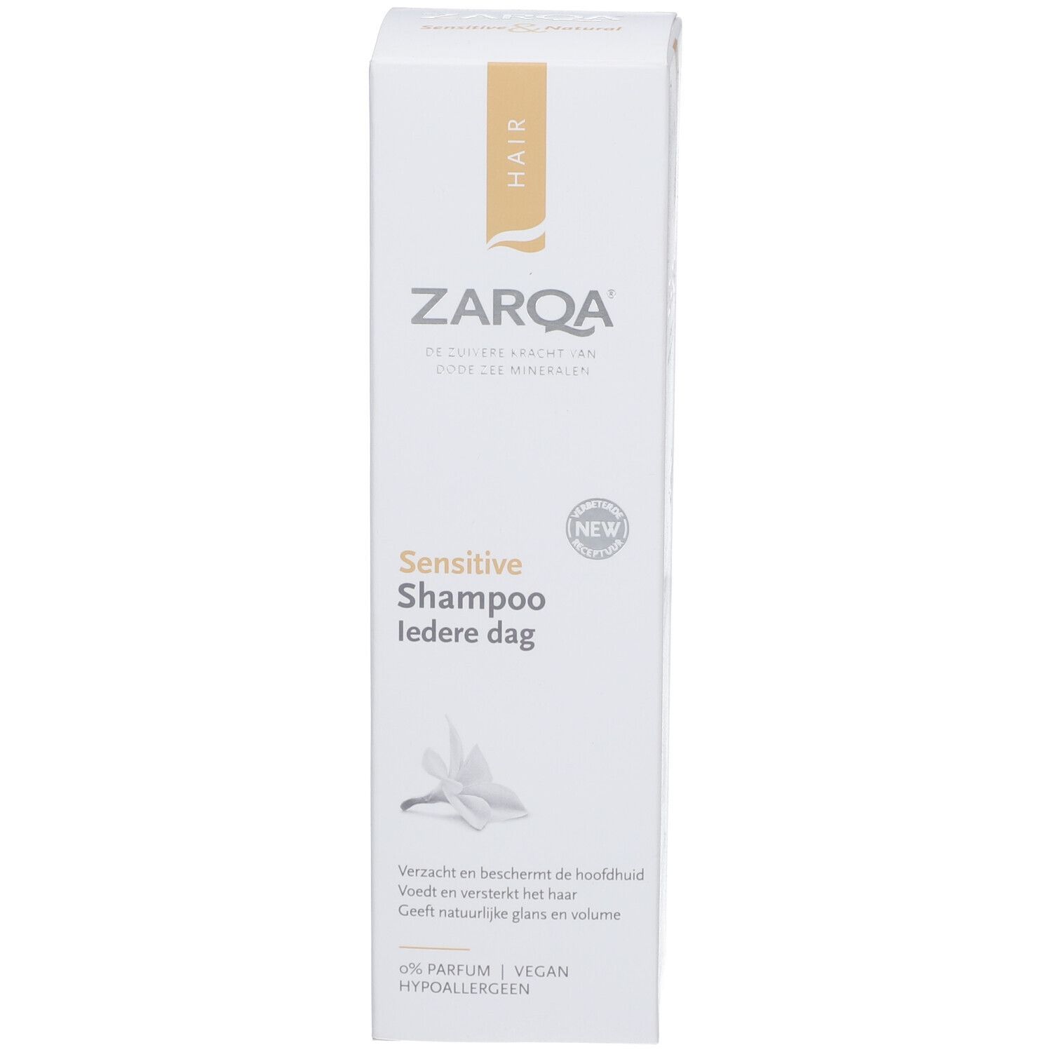 Weiße Schachtel mit Zarqa-Logo und Schriftzug "Sensitive Shampoo".