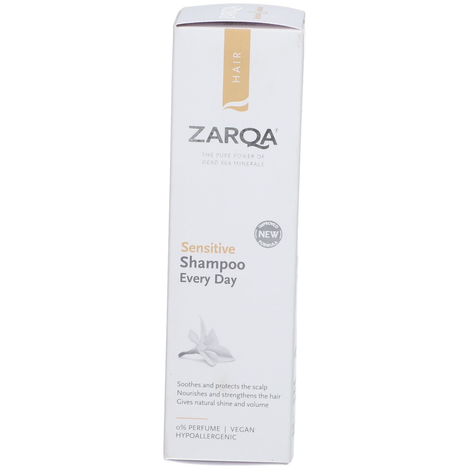 Weiße Schachtel mit Zarqa-Logo und Schriftzug "Sensitive Every Day".