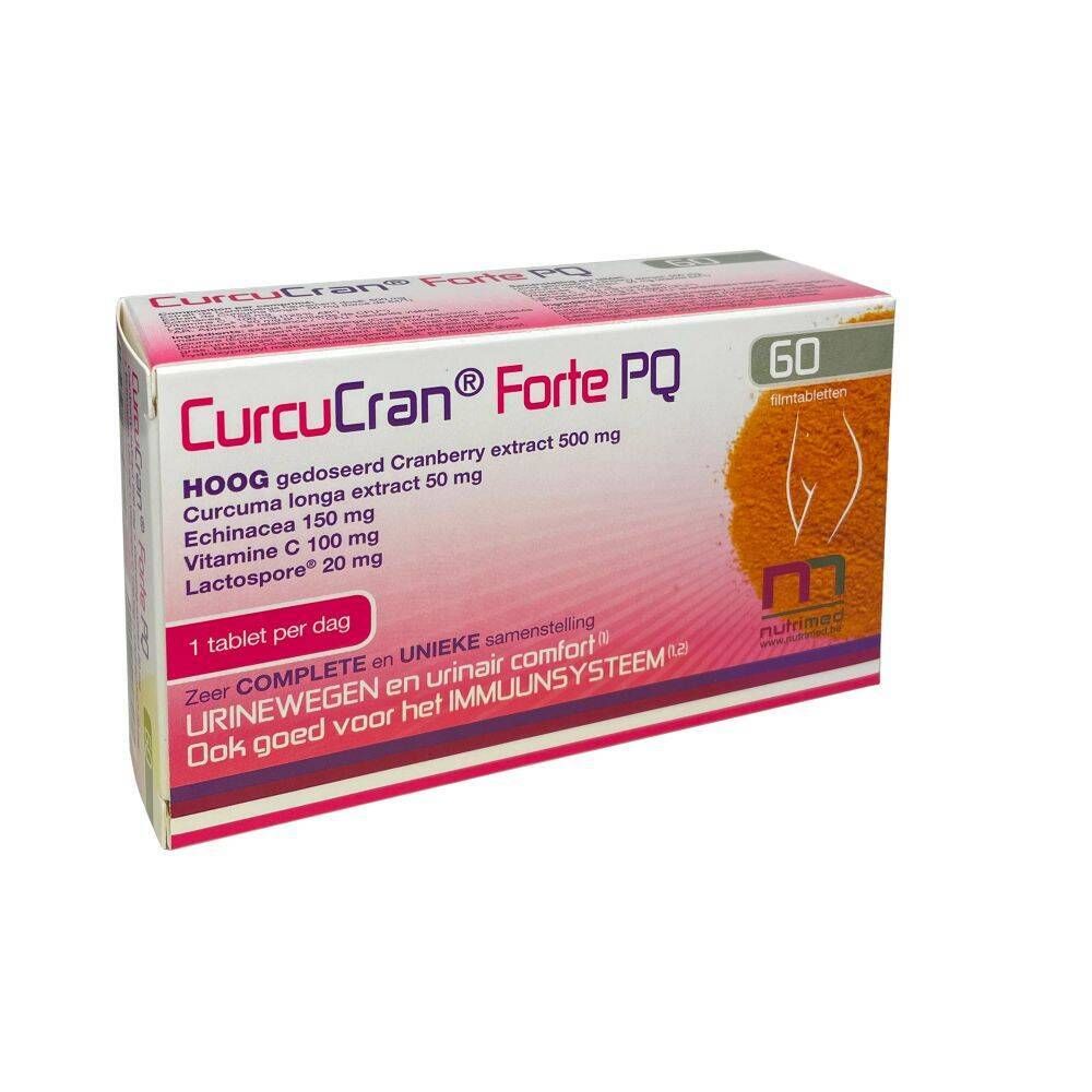 Verpakking van CurcuCran® Forte PQ met 60 filmtabletten. Bevat: Cranberry-extract, Curcuma longa, Echinacea, Vitamine C, Lactospore. 1 tablet per dag.