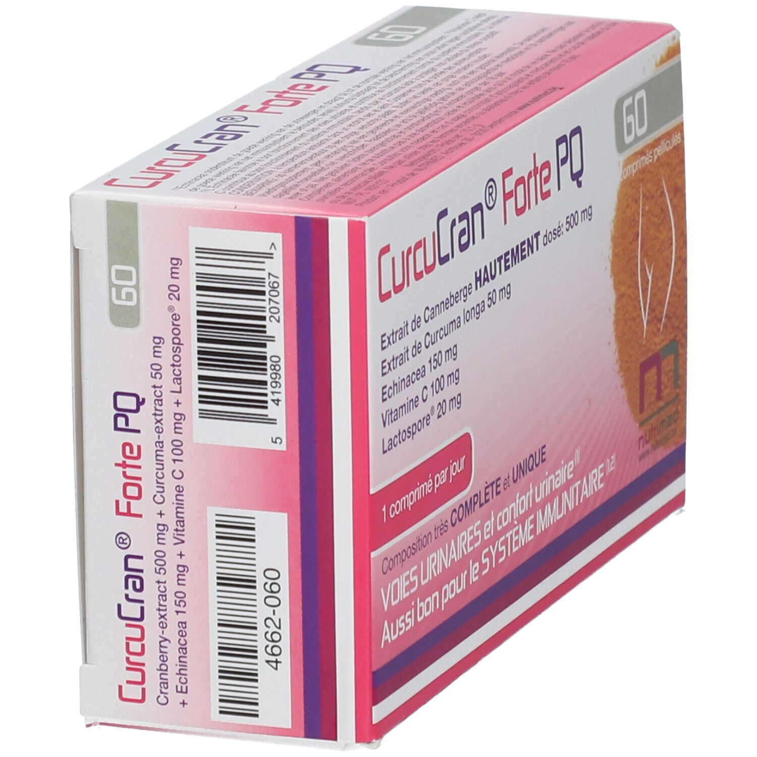 Schuine weergave van de CurcuCran® Forte PQ verpakking. Bevat 60 tabletten. Bevat: Extrait de Canneberge, Curcuma longa, Echinacea, Vitamine C, Lactospore.